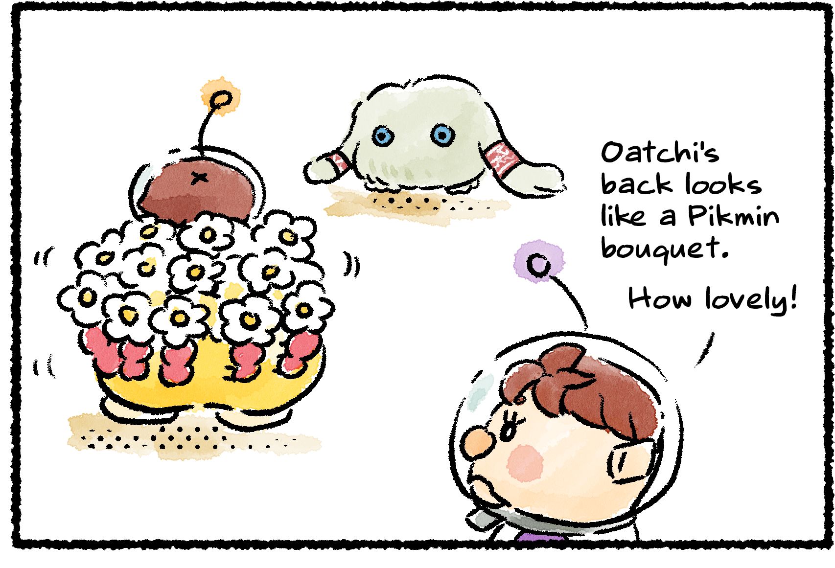 Panel one. Kingsly watches a Rescue Officer and a group of Red flower Pikmin ride along on Oatchi and says, "Oatchi's back looks like a Pikmin bouquet." A nearby Mamuta is also watching the scene.