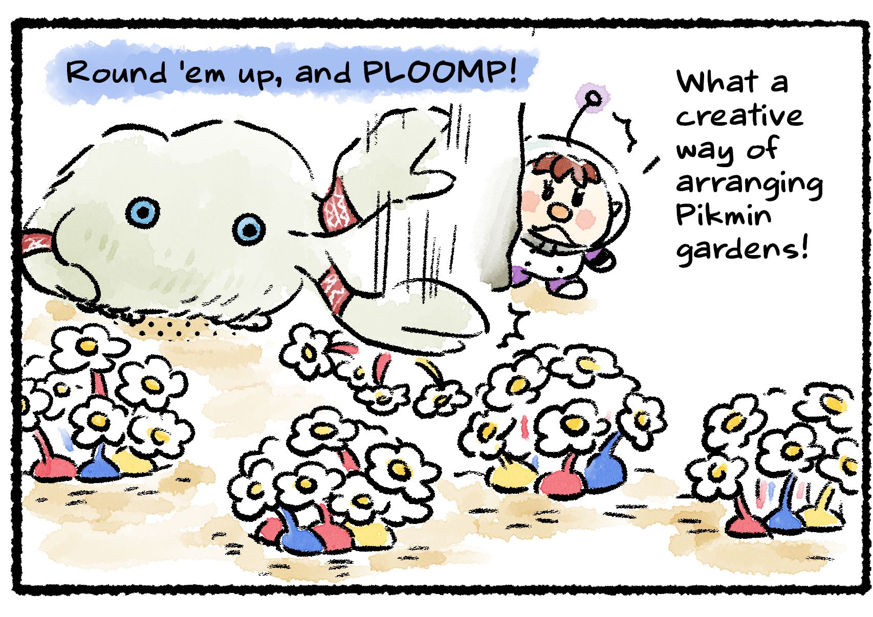 Panel three. The Mamuta begins slamming bundles of flower Pikmin into the ground, creating bouquets. Kingsly watches in fascination. "What a creative way of arranging Pikmin gardens!" he says. "Round 'em up, and PLOOMP!"
