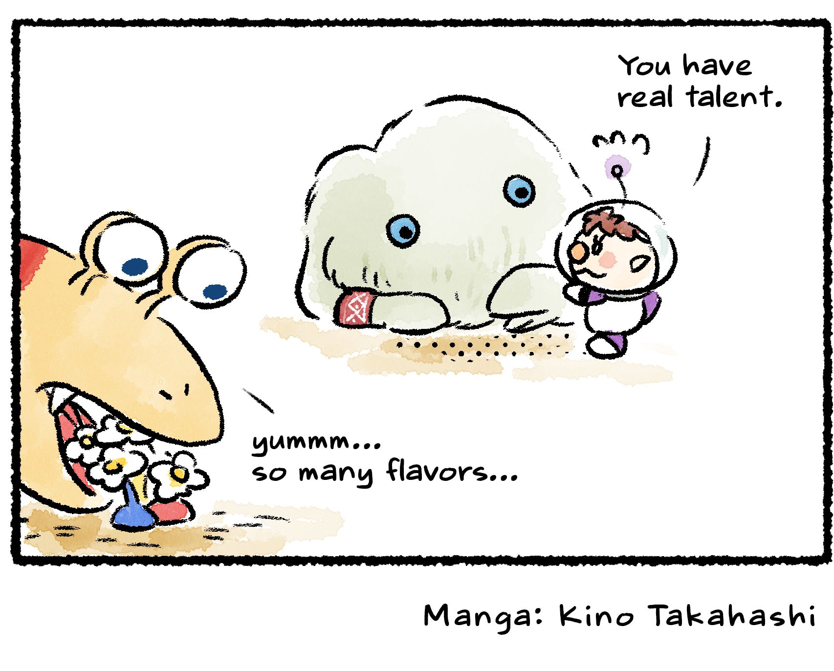 Panel four. "You have real talent," Kingsly says to the Mamuta. As the two appear to be having a moment, a Bulborb sneaks along and begins devouring the Pikmin bouquets, seeming to say, "yummm...so many flavors..."