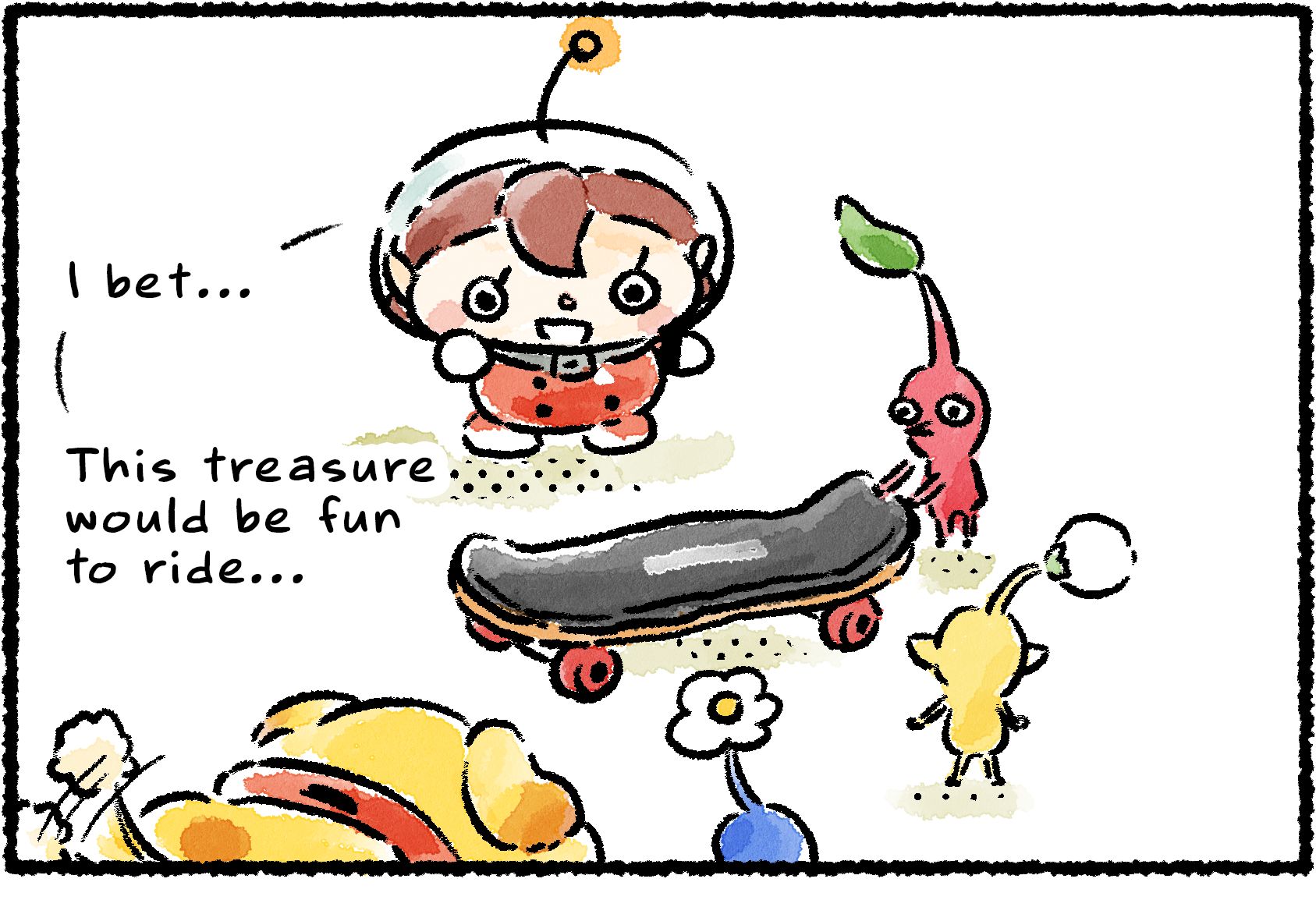 Panel one. Oatchi, a Rescue Officer, and several Pikmin gather around a skateboard. "I bet this treasure would be fun to ride," the Rescue Officer says.