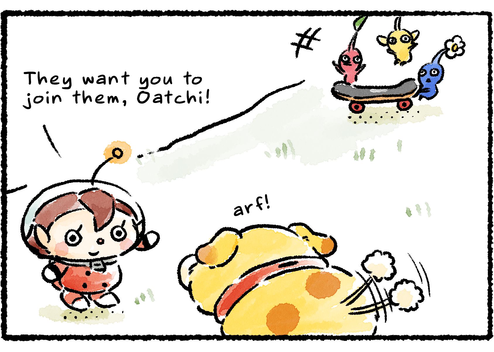 Panel three. The Pikmin jump up and down excitedly by the skateboard. "They want you to join them, Oatchi!" the Rescue Officer says. Oatchi barks and wags his tail excitedly.