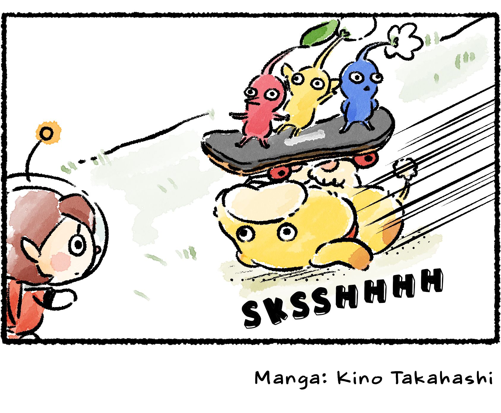 Panel four. Oatchi slides down the hill on his back, holding the skateboard and the Pikmin riding it up in the air on his paws. The Rescue Officer seems impressed by this unusual interpretation of skateboarding.