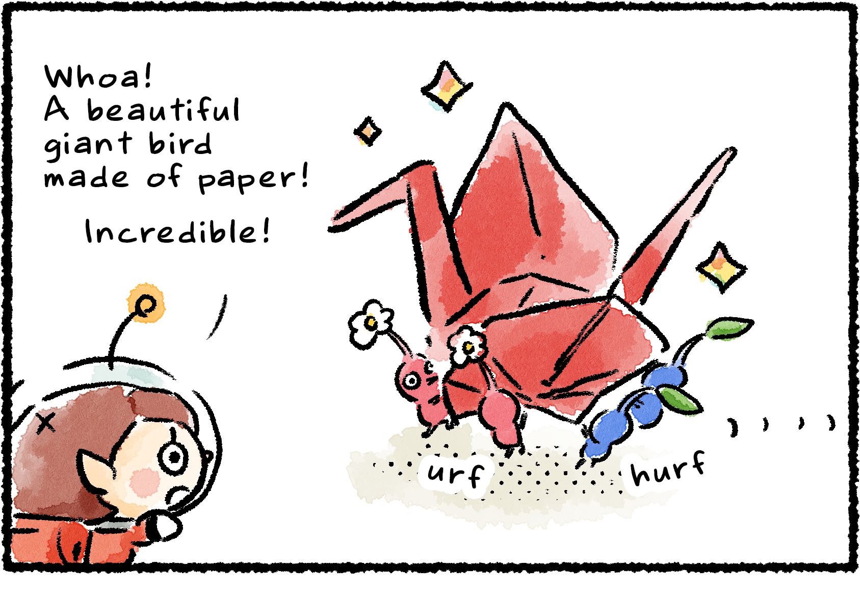 Panel one. A group of Pikmin are carrying an origami bird. "Whoa!" a Rescue Officer says. "A beautiful giant bird made of paper! Incredible!"