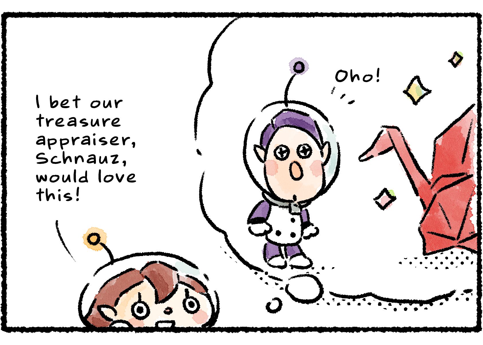 Panel two. "I bet our treasure appraiser, Schnauz, would love to see this!" the Rescue Officer says, imagining Schnauz standing next to the origami bird in amazement.