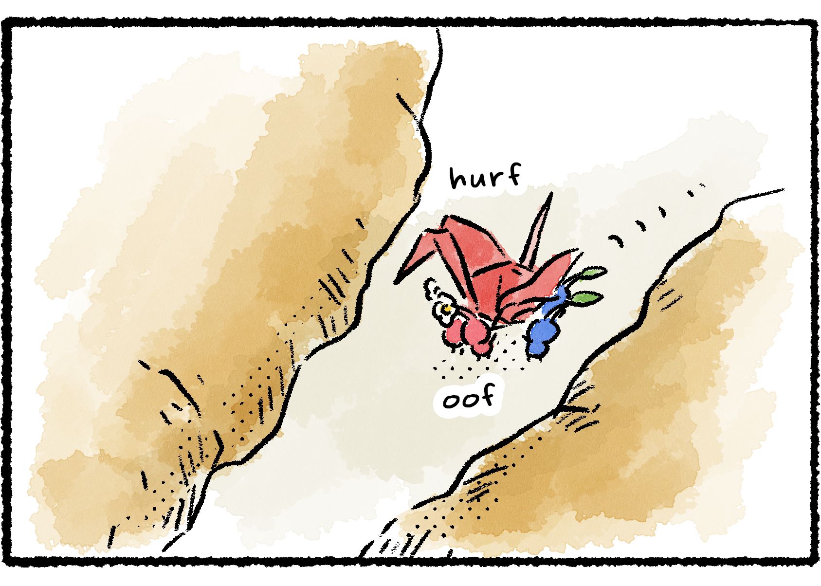 Panel three. While carrying the origami bird back to base, the Pikmin come upon a narrow path they need to squeeze through.