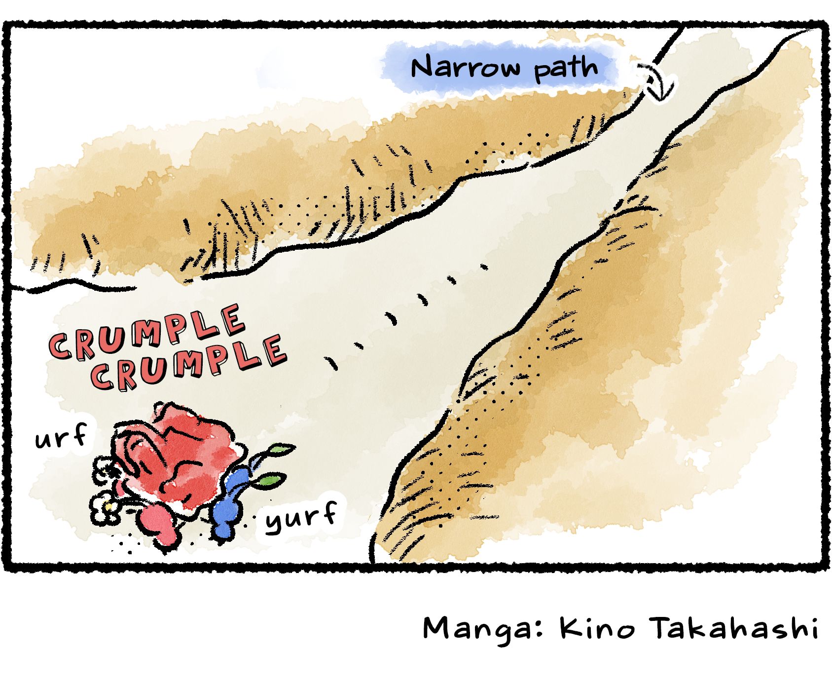 Panel four. To squeeze through the narrow path, the Pikmin crumple the origami bird into a ball.