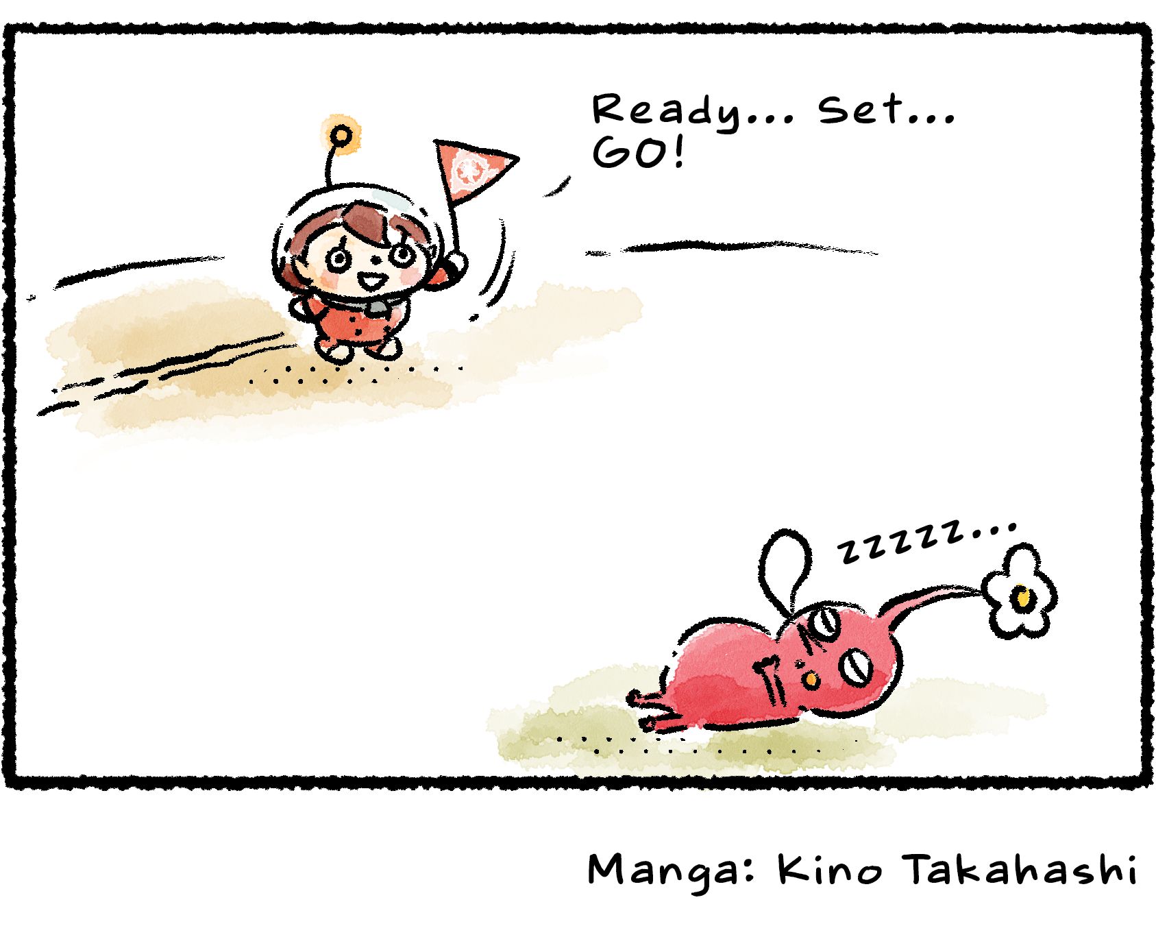 Panel four. The Rescue Officer turns around to face the Pikmin and waves her flag. "Ready... Set... GO!" she says. The Red flower Pikmin, belly full of nectar, has dozed off.