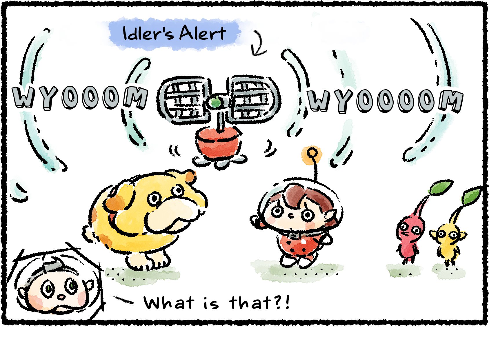 Panel one. Oatchi, a Rescue Officer, and several Pikmin stand near an Idler's Alert, which sends out sound waves as it goes off. "What is that?!" Collin asks his face inset at the bottom of the panel.