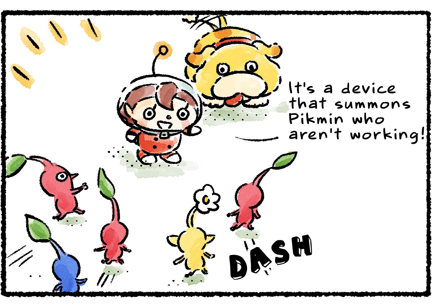 Panel two. "It's a device that summons Pikmin who aren't working!" the Rescue Officer says. Several other Pikmin are rushing toward her, drawn by the Idler's Alert.