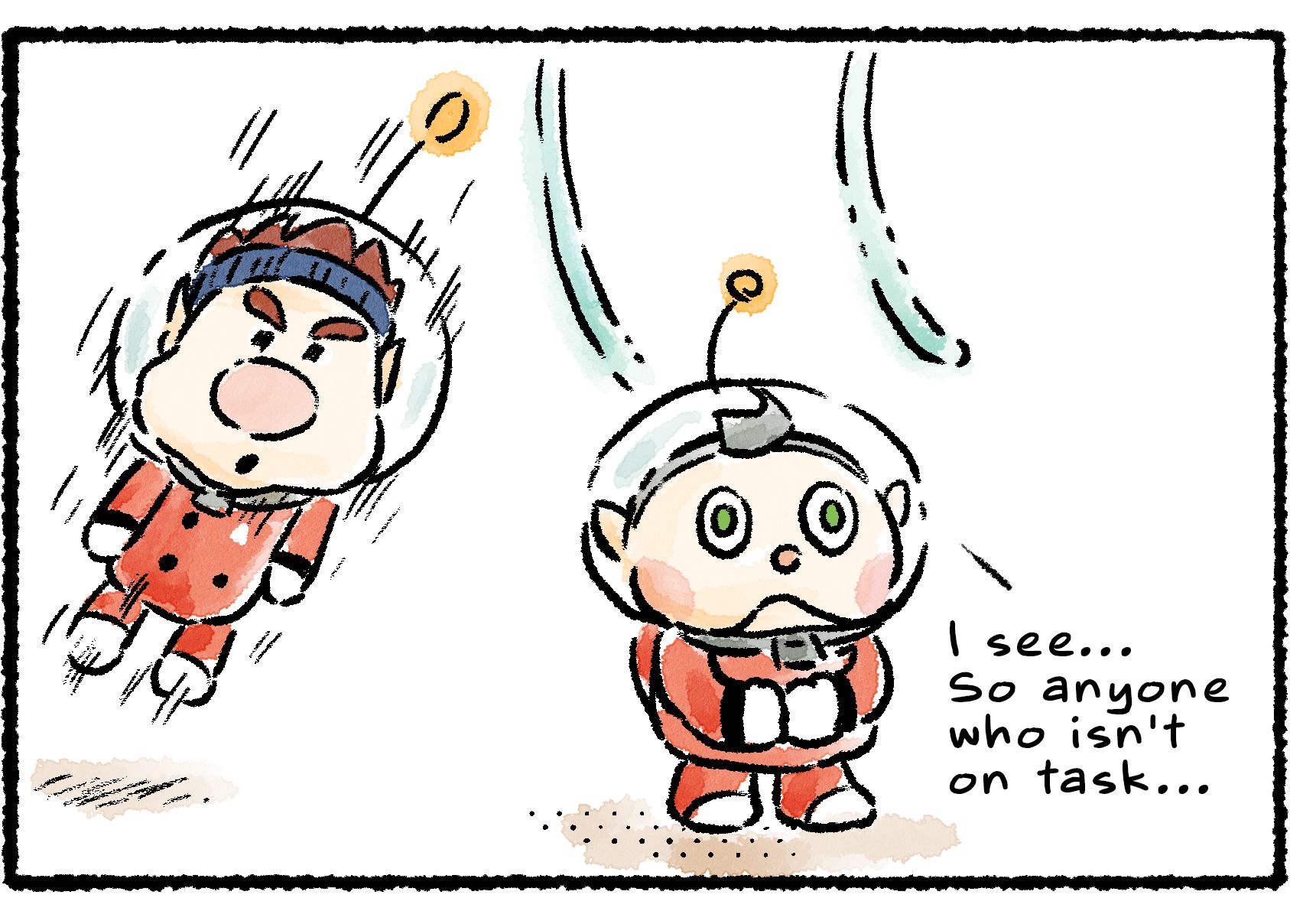 Panel three. Collin stands in awe as the Idler's Alert sound waves roll past him. "I see," he says. "So anyone who isn't on task..." Behind him, Dingo is lifted off the ground and tilted toward where the sound is coming from.