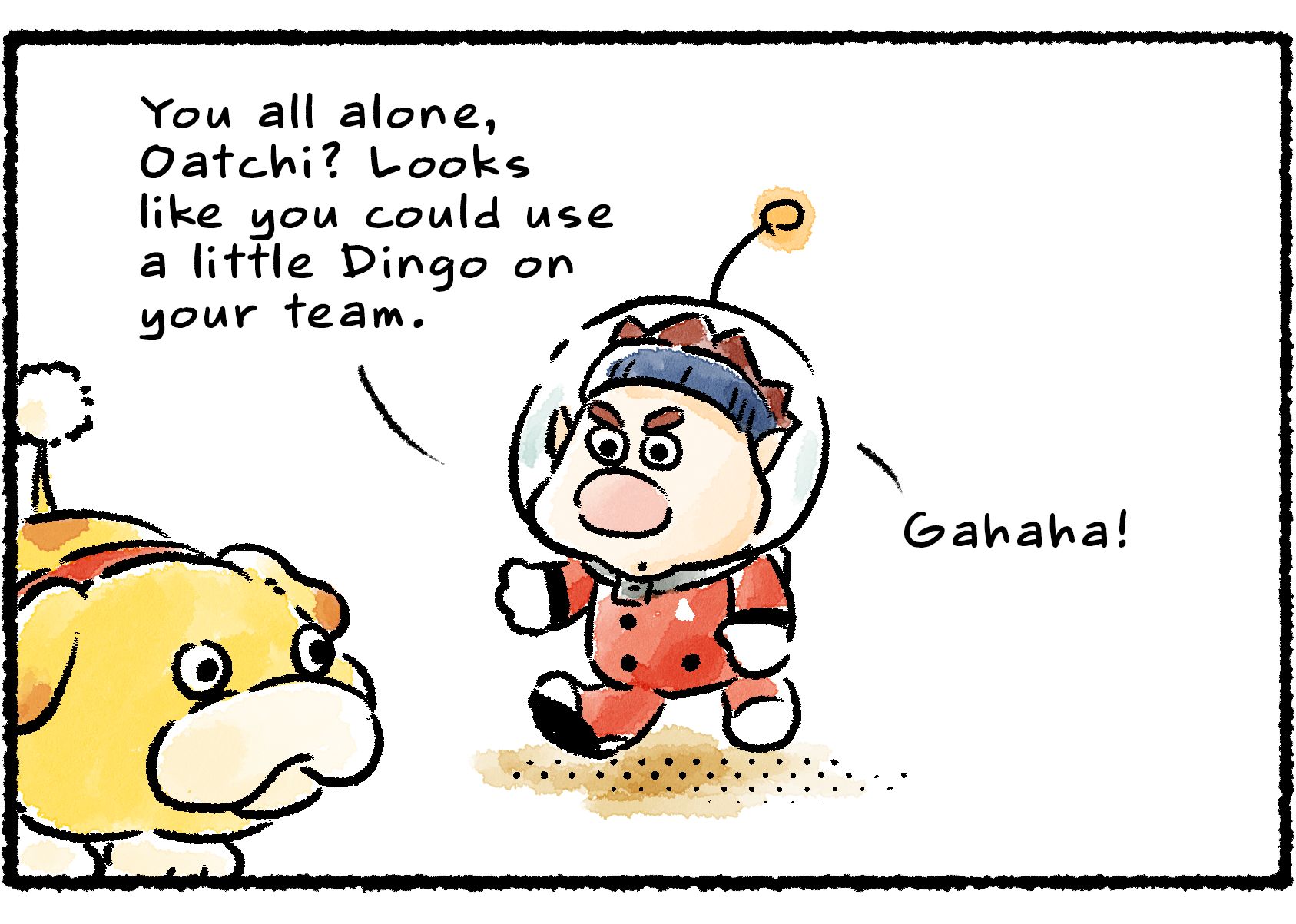 Panel two. Dingo approaches Oatchi. "You all alone, Oatchi?" he says with a laugh. "Looks like you could use a little Dingo on your team."