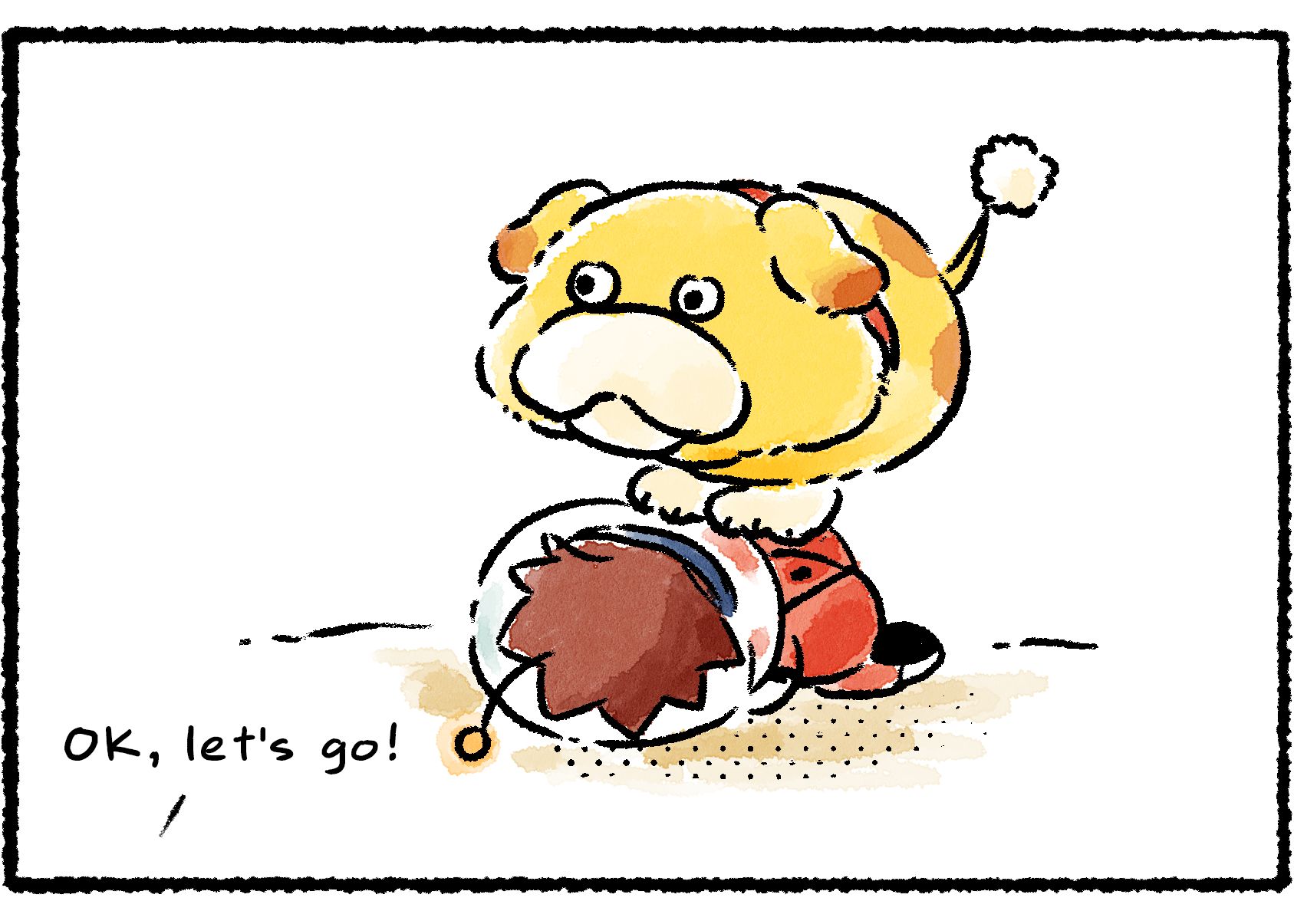 Panel three. "OK," the Rescue Officer says, "let's go!" Rather than allowing Dingo to ride him, Oatchi jumps on top of Dingo, knocking him face down and standing on his back.