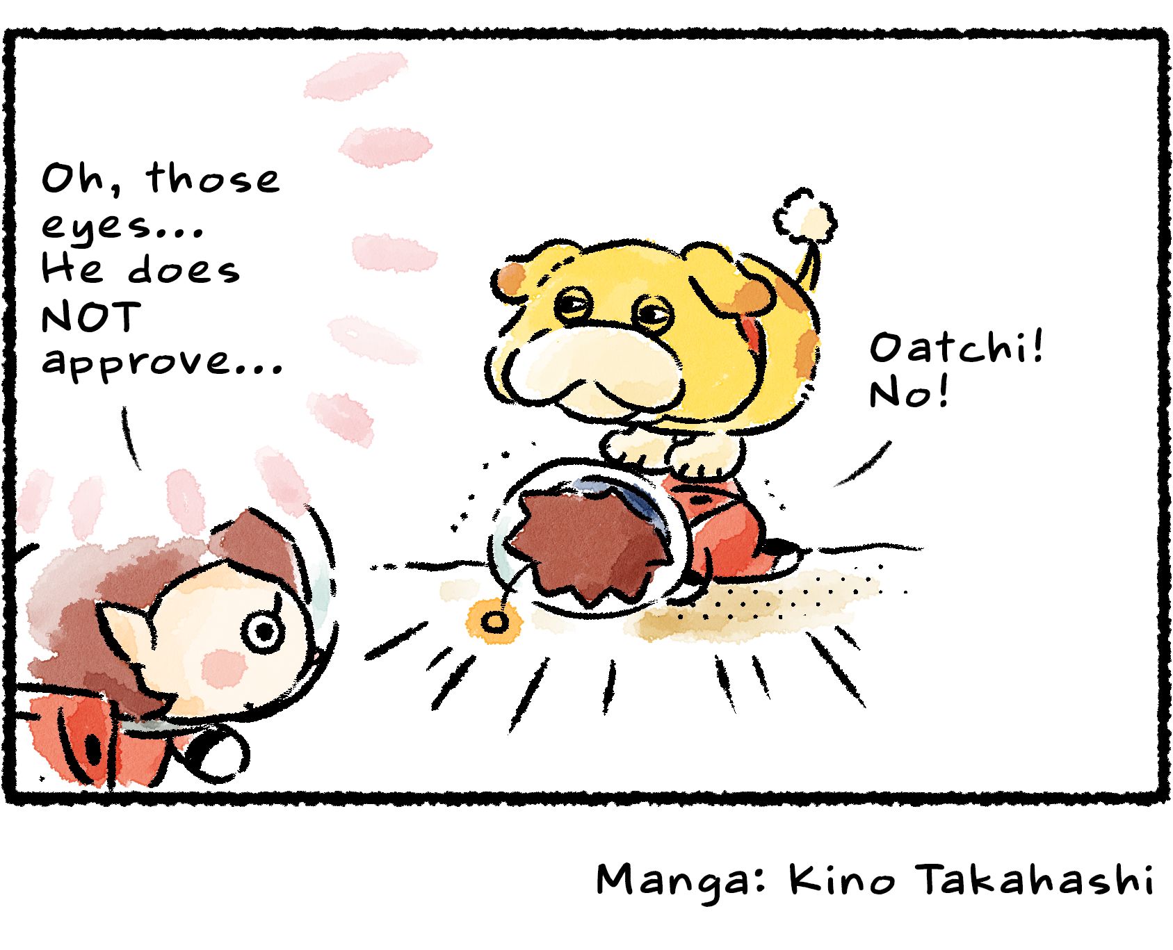 Panel four. "Oatchi!" Dingo cries out in protest. "No!" Oatchi remains standing on top of Dingo, narrowing his eyes. "Oh, those eyes," the Rescue Officer says. "He does NOT approve..."