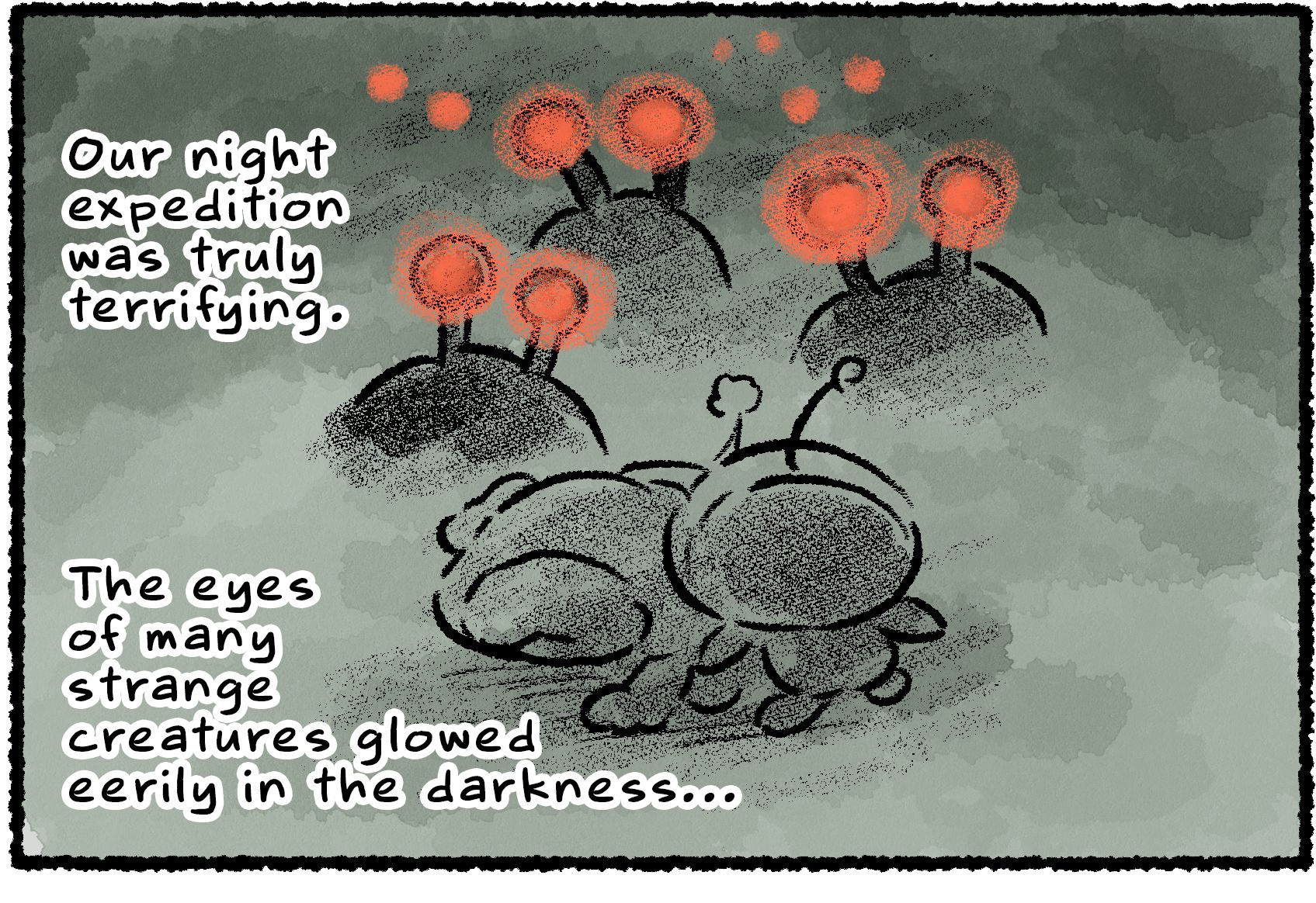 Panel one. Oatchi and a Rescue Officer hide in the dark as Bulborbs with glowing red eyes march on them. "Our night expedition was truly terrifying," the Rescue Officer narrates. "The eyes of many strange creatures glowed eerily in the darkness..."