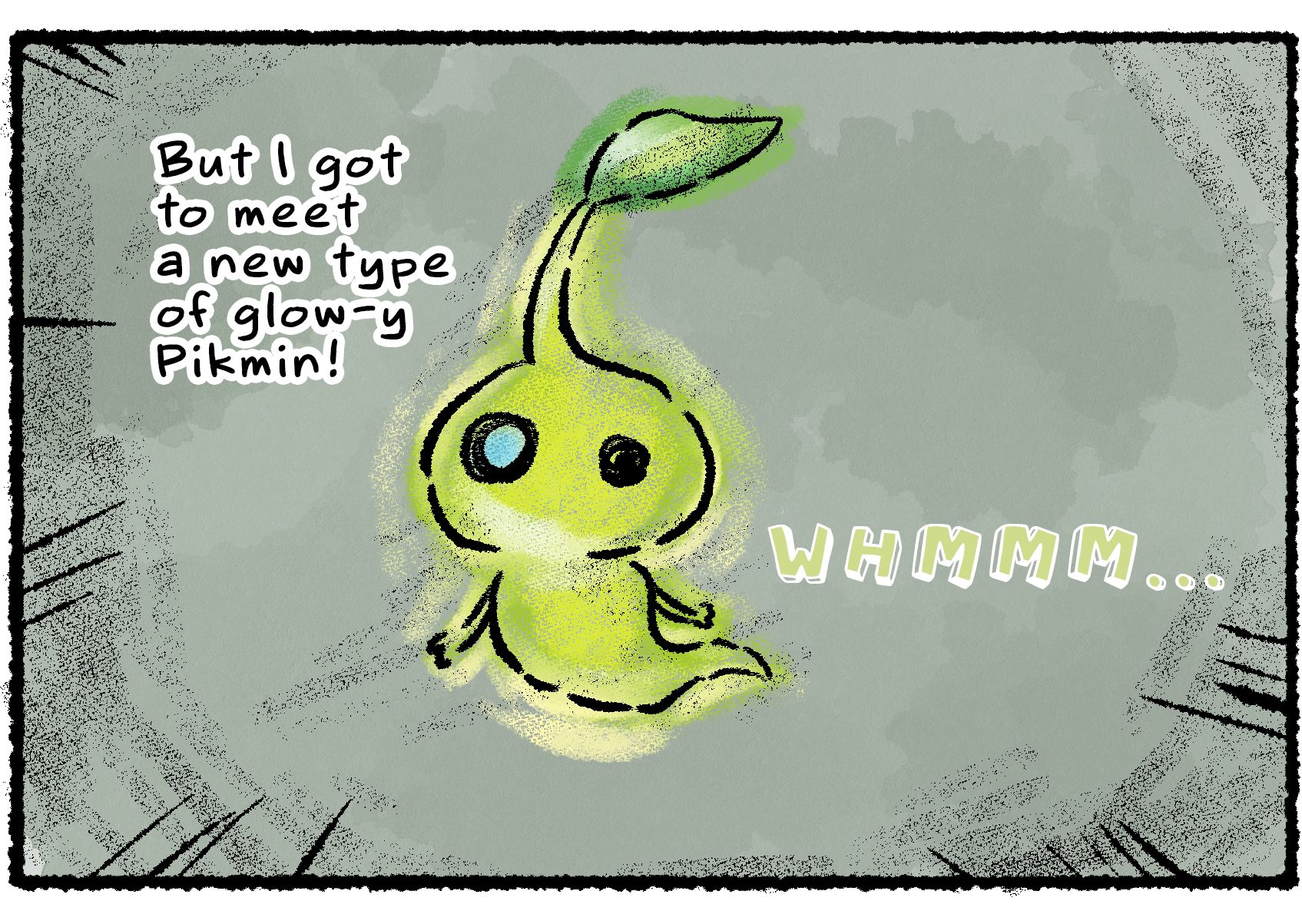 Panel two. A Glow Pikmin appears out of the darkness with a humming sound. The Rescue Officer narrates: "But I got to meet a new type of glow-y Pikmin!"