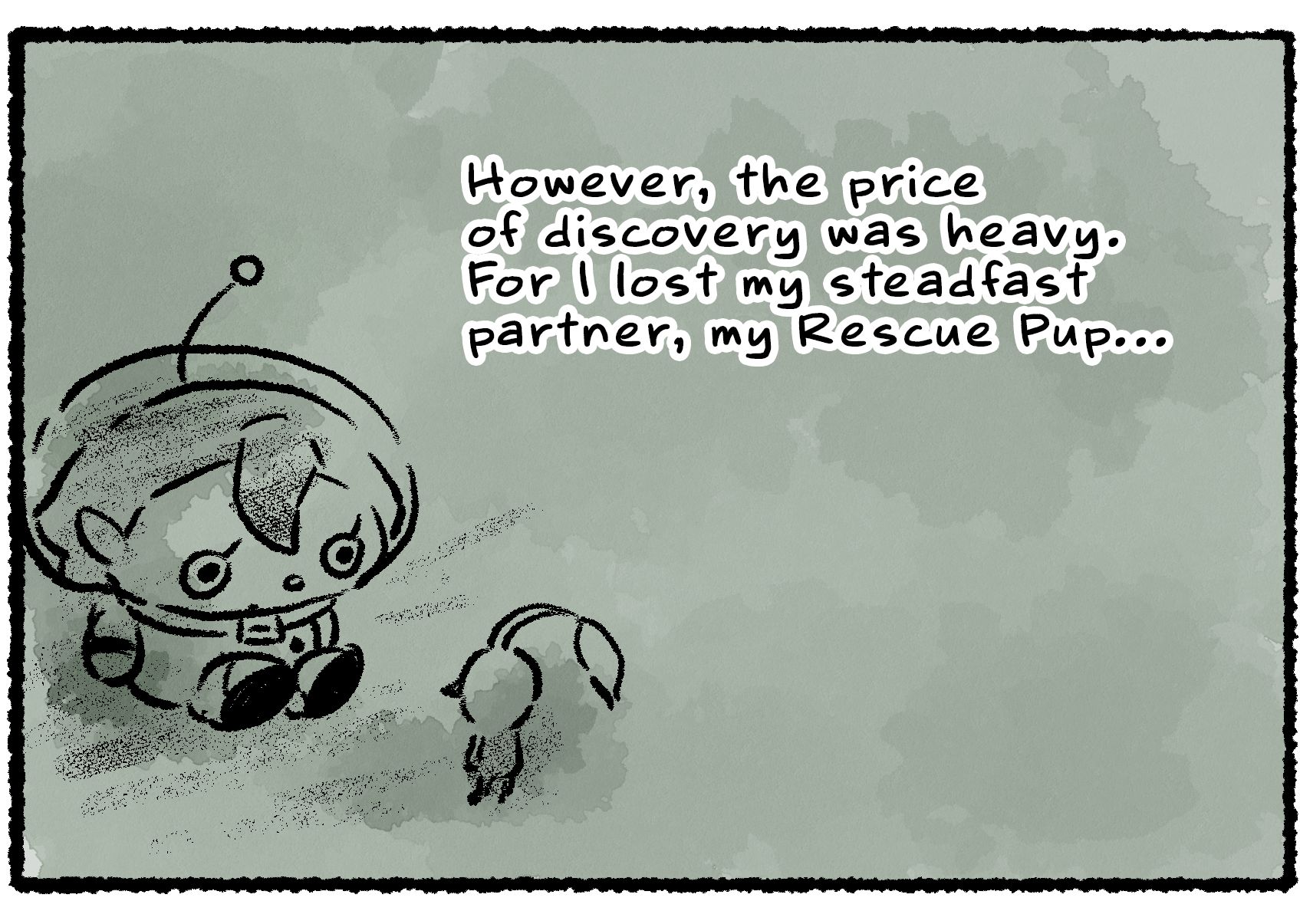 Panel three. The Rescue Officer sits sadly in the dark with a Pikmin. Her narration continues: "However, the price of discovery was heavy. For I lost my steadfast partner, my Rescue Pup..."