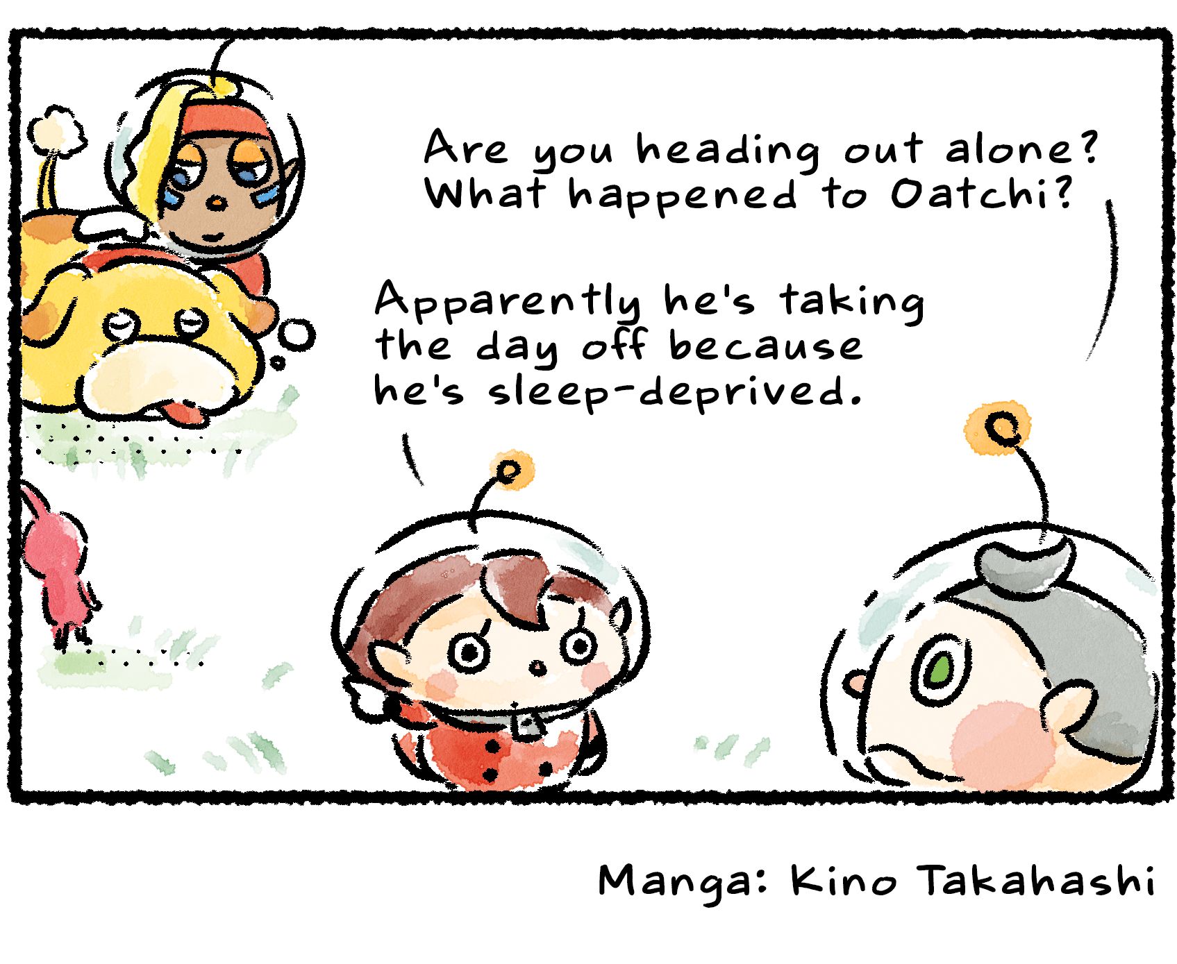 Panel four. Come morning, Collin asks the Rescue Officer, "Are you heading out alone? What happened to Oatchi?" She points to Oatchi, who is snoozing and being pet by Shepherd. "Apparently he's taking the day off because he's sleep-deprived."