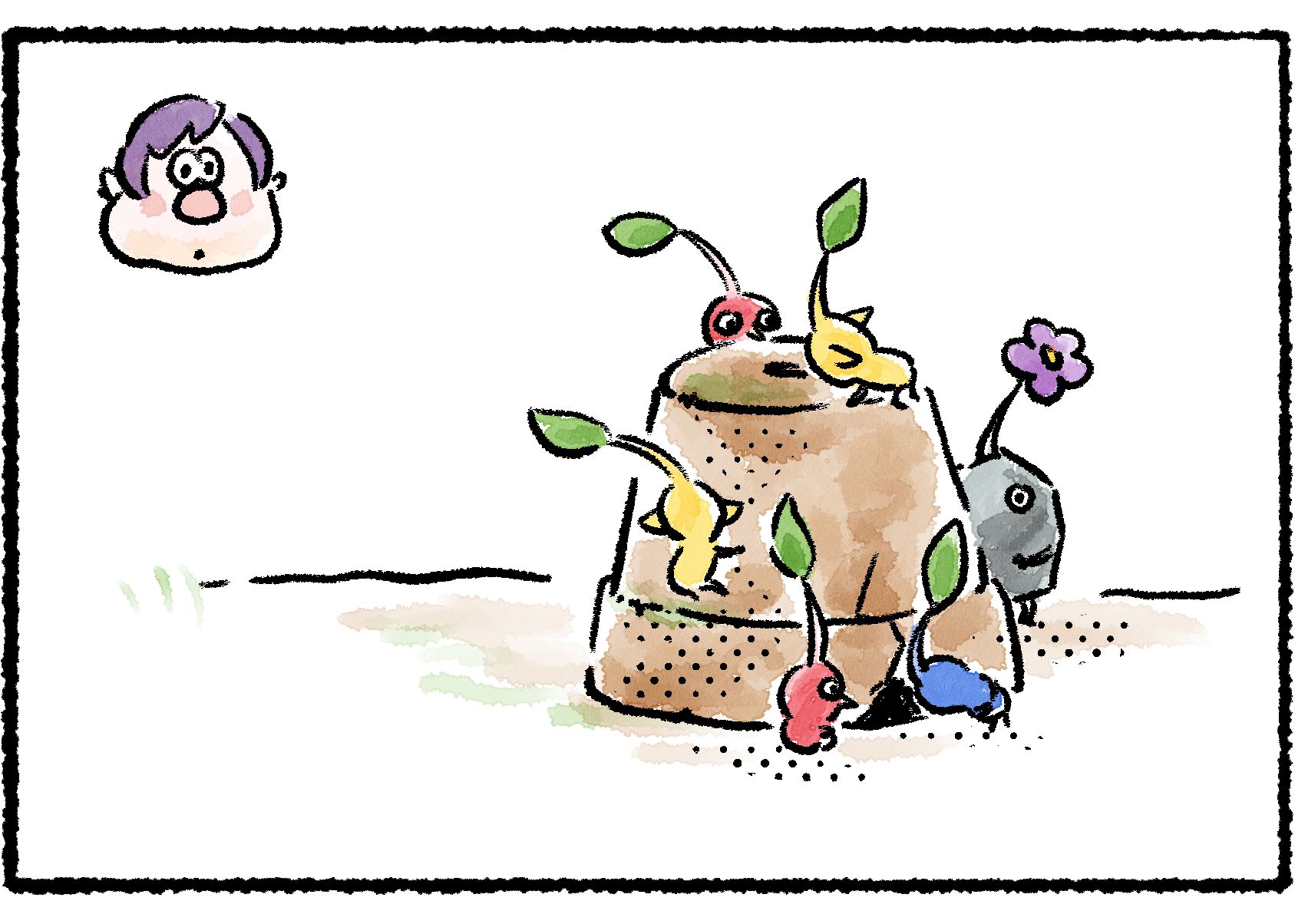 Panel three. Pikmin crawl all over the flower pot, inspecting it curiously. A Yellow Pikmin peers into the hole in the top, while a Blue Pikmin peers into the crack in the side.