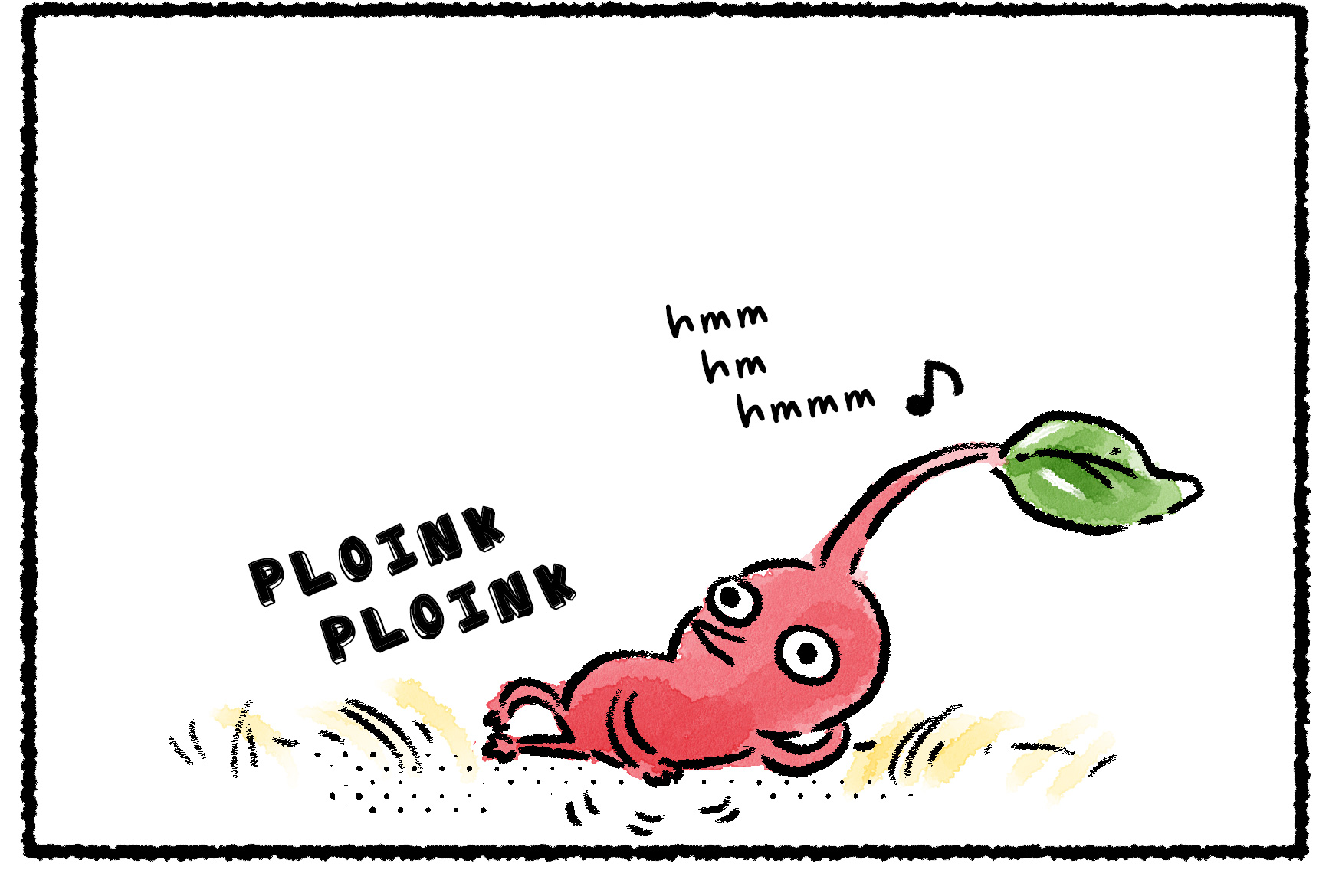 Panel one. A Red Pikmin is lounging in what appears to be yellow grass.
