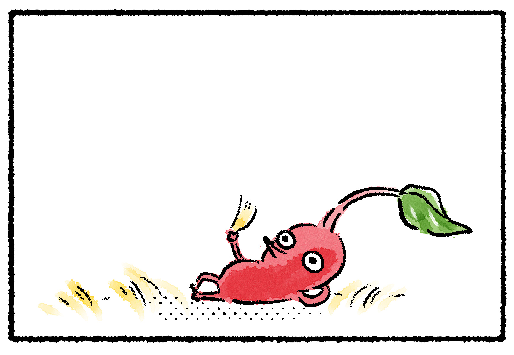 Panel two. The Red Pikmin plucks a tuft of the grass with its hand.