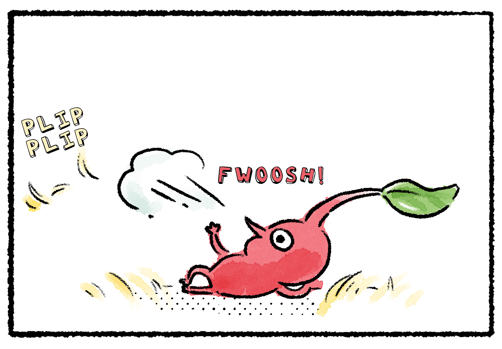 Panel three. The Red Pikmin blows the grass out of its hand.