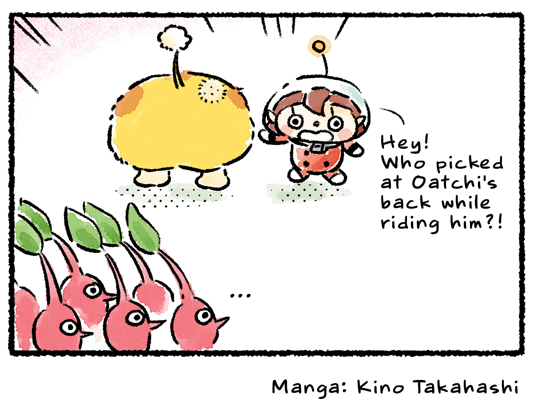 Panel four. A Rescue Officer stands next to Oatchi and points at a bald patch on his back. "Hey!" she says to a group of Red Pikmin nearby. "Who picked at Oatchi's back while riding him?!" The culprit does not come forward.