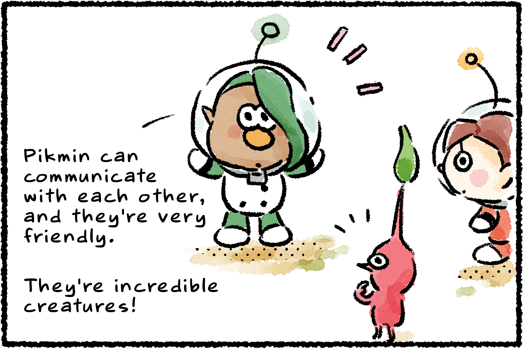 Panel one. "Pikmin can communicate with each other, and they're very friendly," François says to a Rescue Officer. "They're incredible creatures!" A nearby Red Pikmin points to itself, as if to say, "me?"