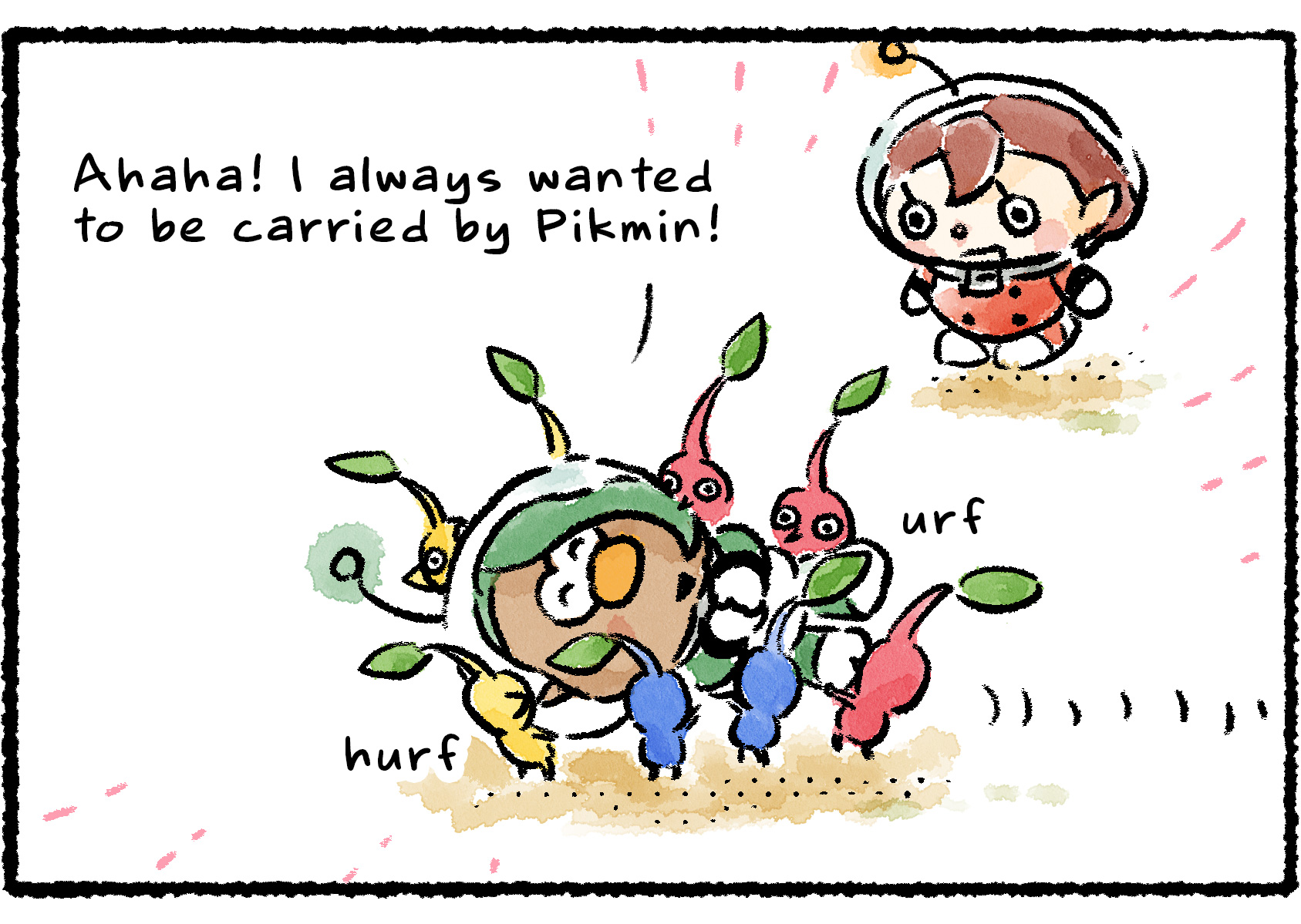 Panel three. François closes his eyes and relaxes as a group of Pikmin carry him along. "Ahaha! I always wanted to be carried by Pikmin!"