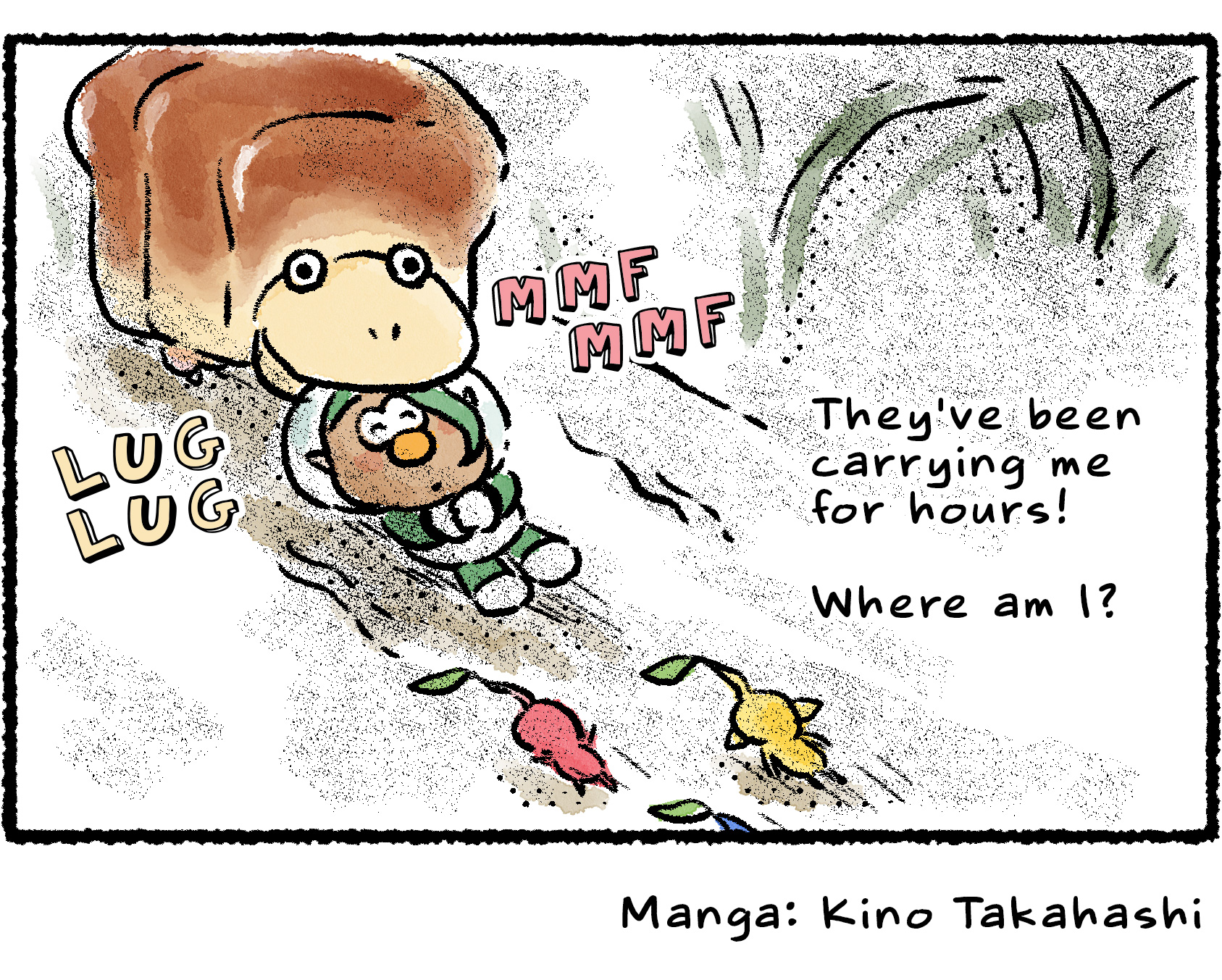 Panel four. François is now being dragged along by a Giant Breadbug."They've been carrying me for hours!" he says, eyes still closed. "Where am I?" It's night time, and the Pikmin who had been carrying François have fallen asleep. 