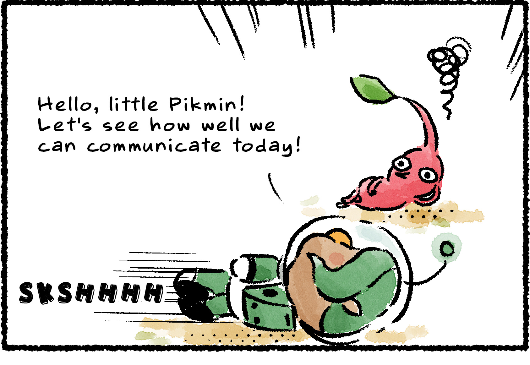 Panel one. A Red Pikmin lounges lying on its side. François lies down across from it, mimicking the same pose. "Hello, little Pikmin!" he says. "Let's see how well we can communicate today!" The Pikmin seems confused.