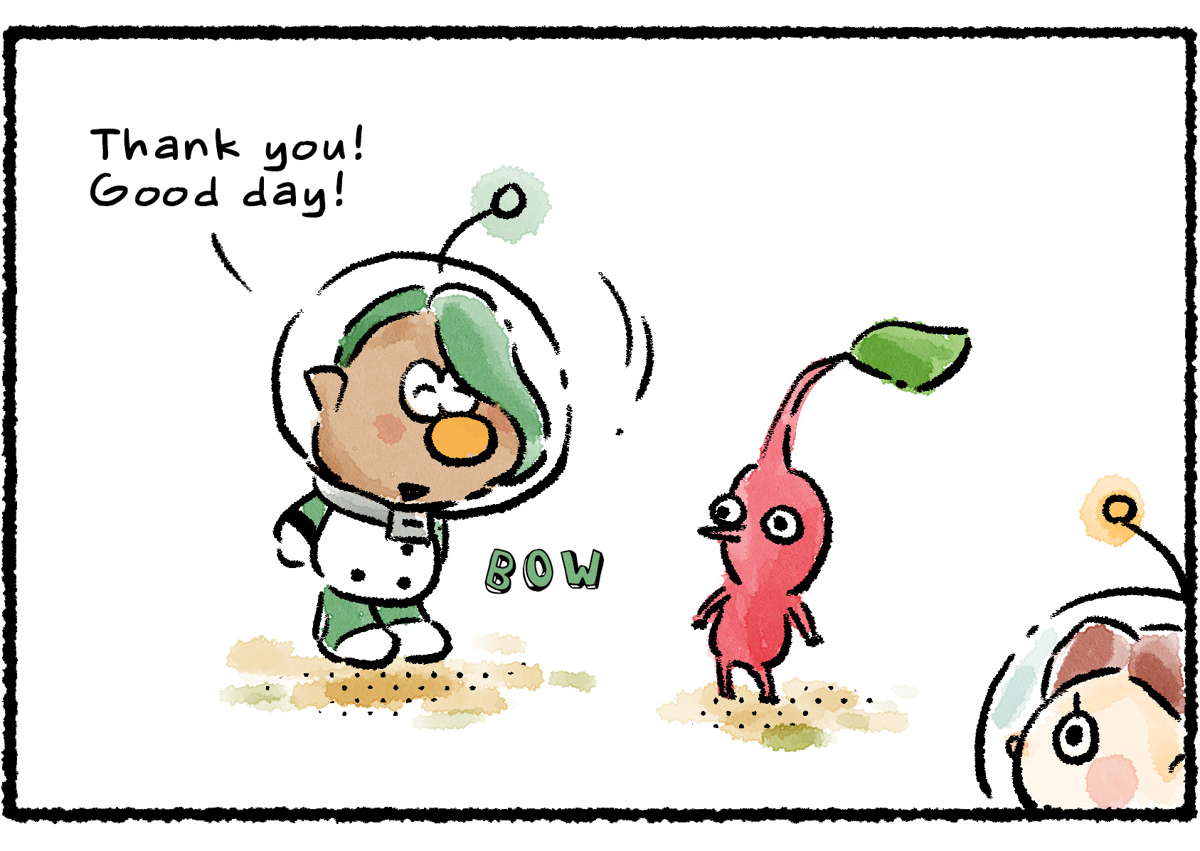 Panel two. "Thank you!' François says, bowing his head to the Pikmin. "Good day!"