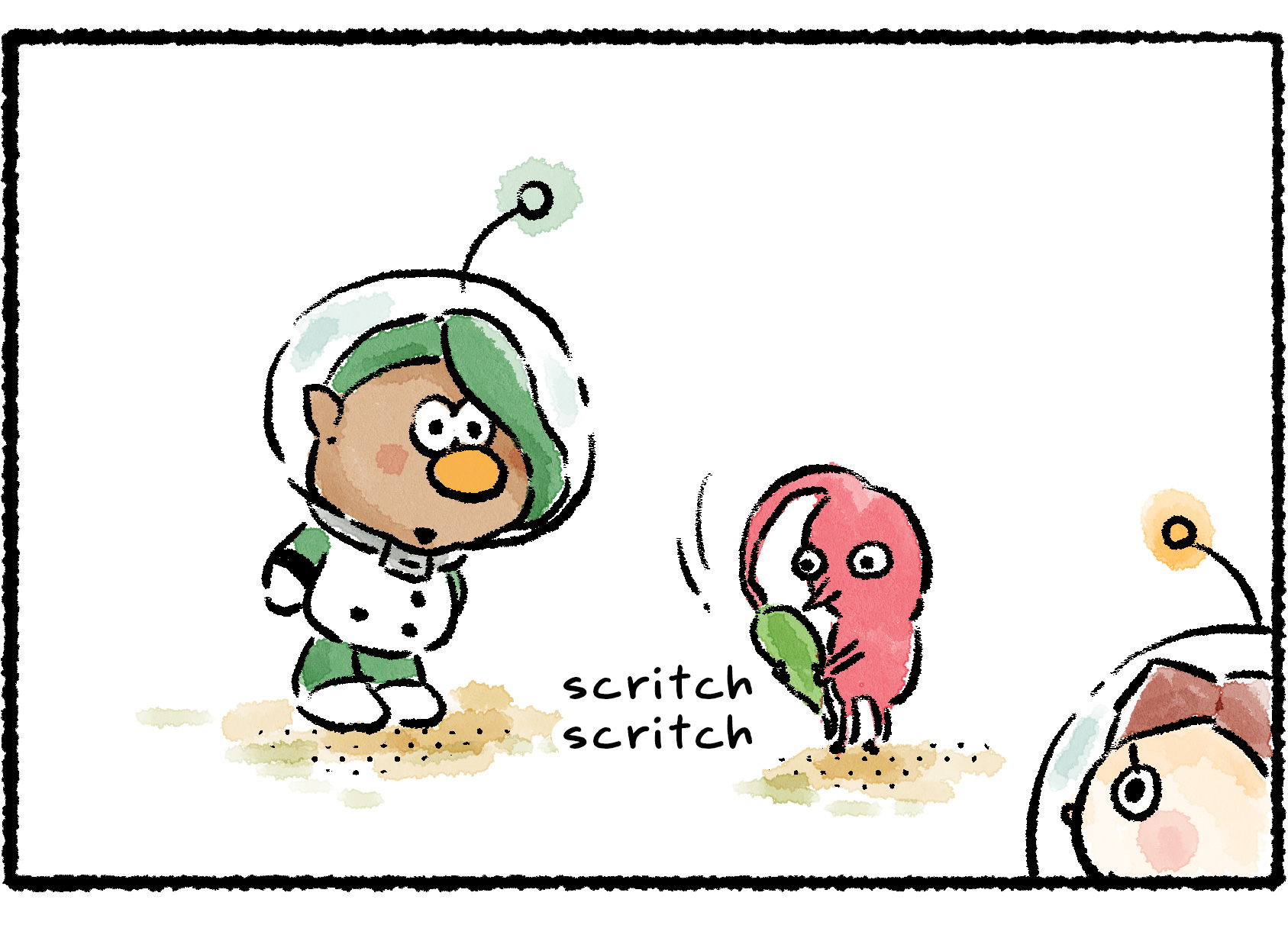 Panel three. The Red Pikmin pulls its head leaf down into its hands and scritches it a bit.