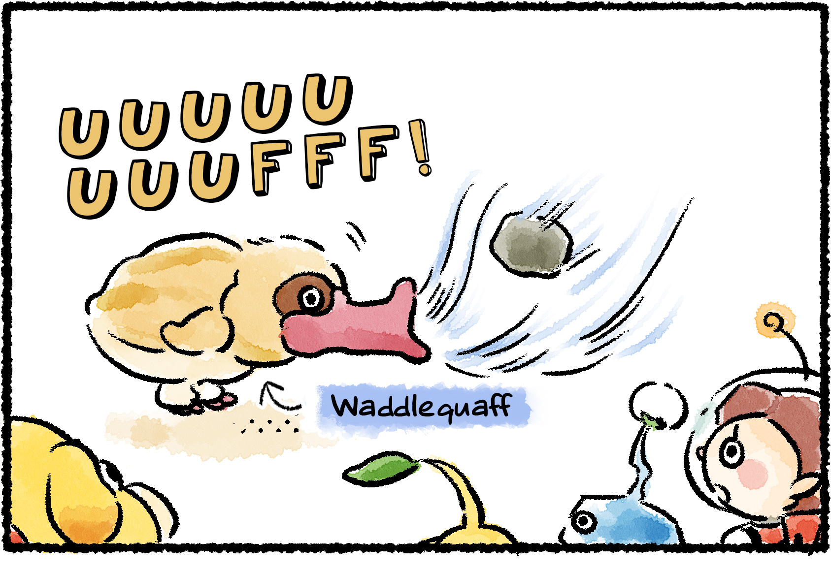 Panel one. Oatchi, a Rescue Officer, and a few Pikmin look on worriedly as a Waddlequaff begins to inhale, pulling a rock toward its mouth.