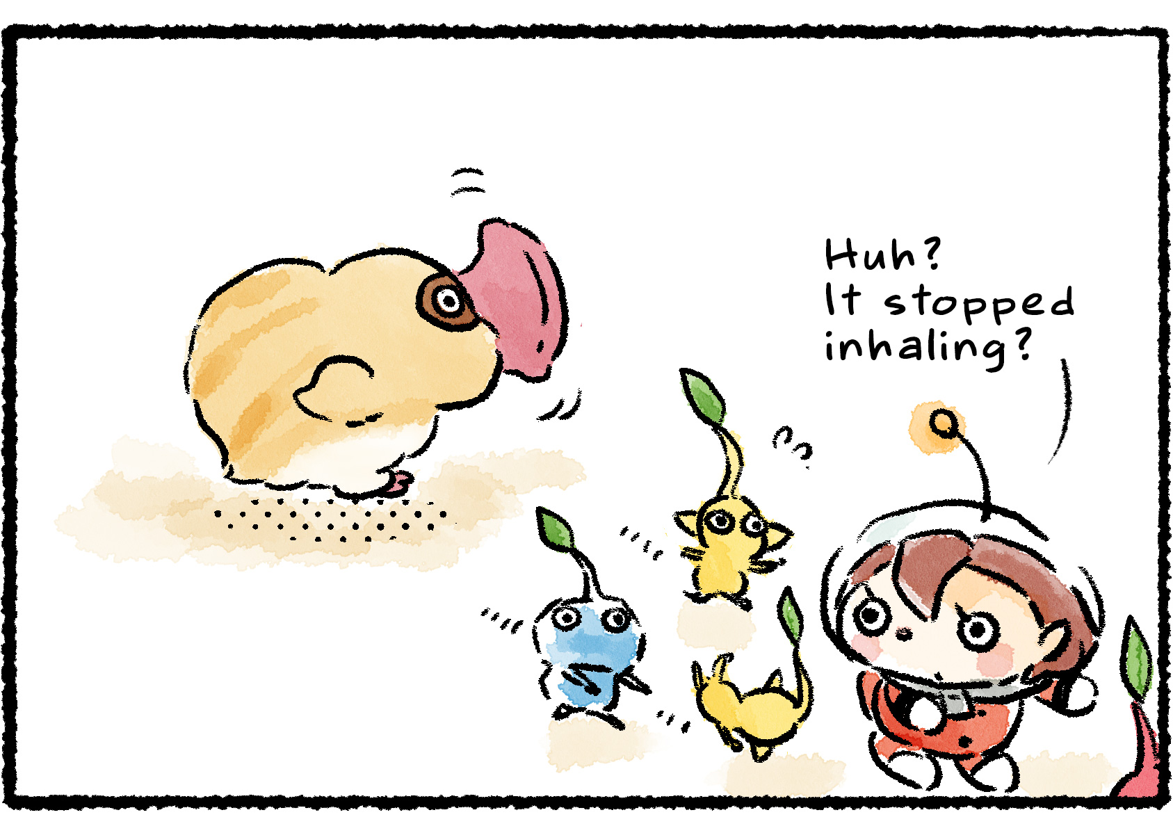 Panel three. The Waddlequaff suddenly stops, appearing stuck. The Rescue Officer turns around cautiously. "Huh?" she says. "It stopped inhaling?"