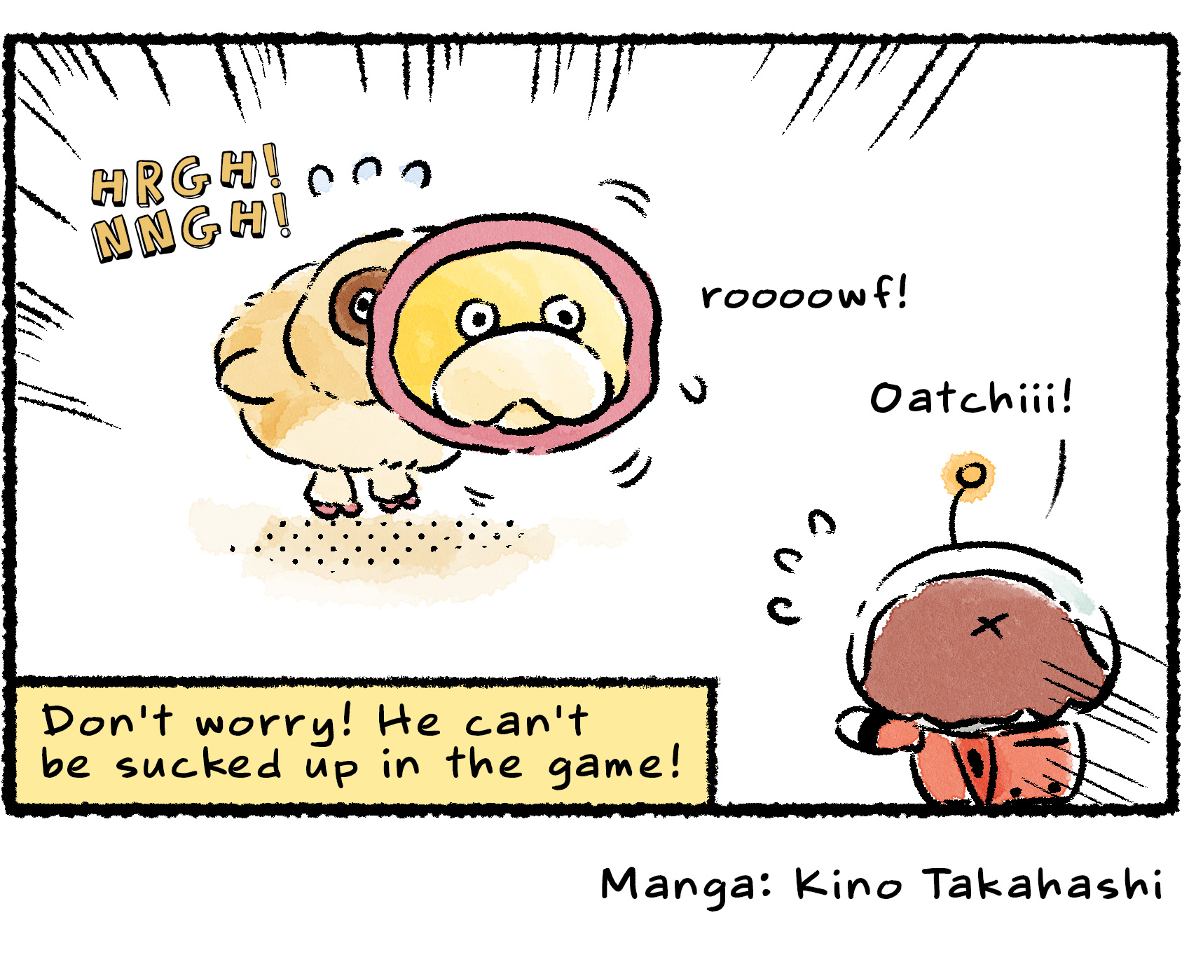 Panel four. The Waddlequaff turns to reveal that Oatchi is trapped in its mouth. "Oatchiiii!" the Rescue Officer cries. Descriptive text reads: "(Don't worry! He can't be sucked up in the game!)"