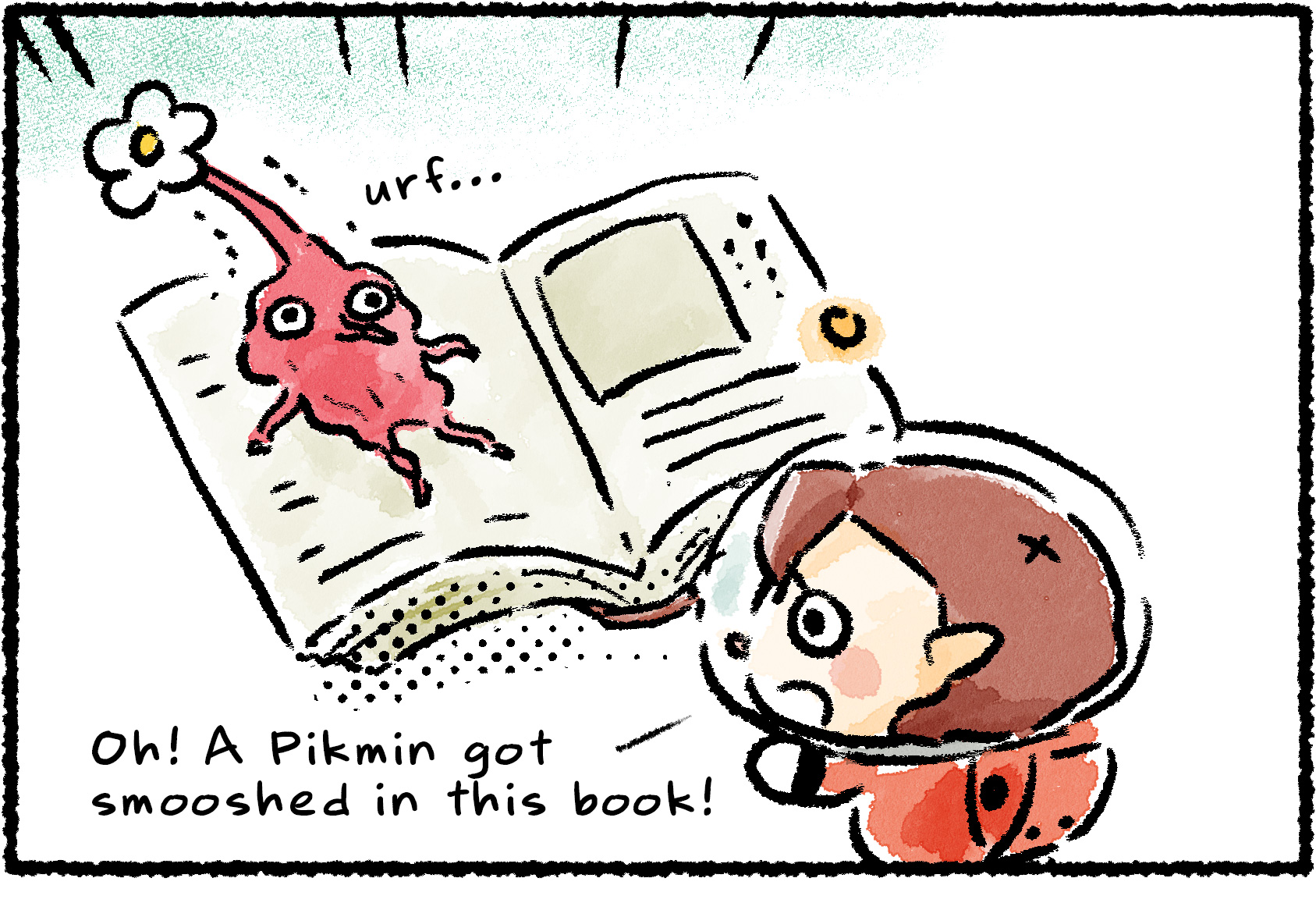 Panel one. A Rescue Officer opens a book, only to find that a Red Pikmin had been squished between the pages. "Oh!" she says. "A Pikmin got smooshed in this book!"