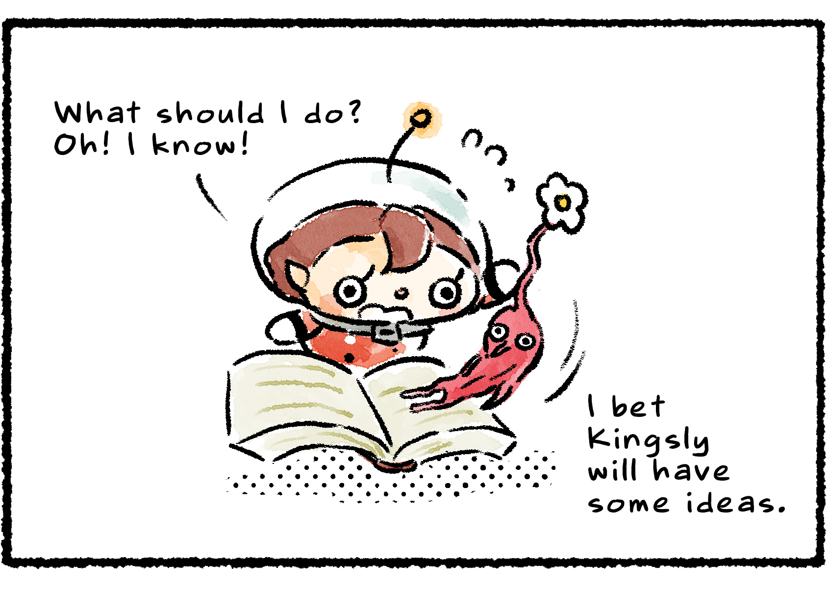 Panel two. The Rescue Officer peels the flattened Pikmin off the page. "What should I do?" she says. "Oh! I know! I bet Kingsly will have some ideas."