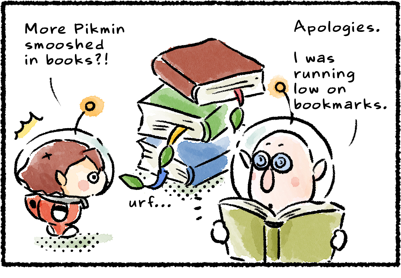 Panel two. A Rescue Officer comes upon a stack of books, each with a Pikmin leaf sticking out of it. "More Pikmin smooshed in books?!" she says. Russ, standing nearby with an open book, says, "Apologies. I was running low on bookmarks."