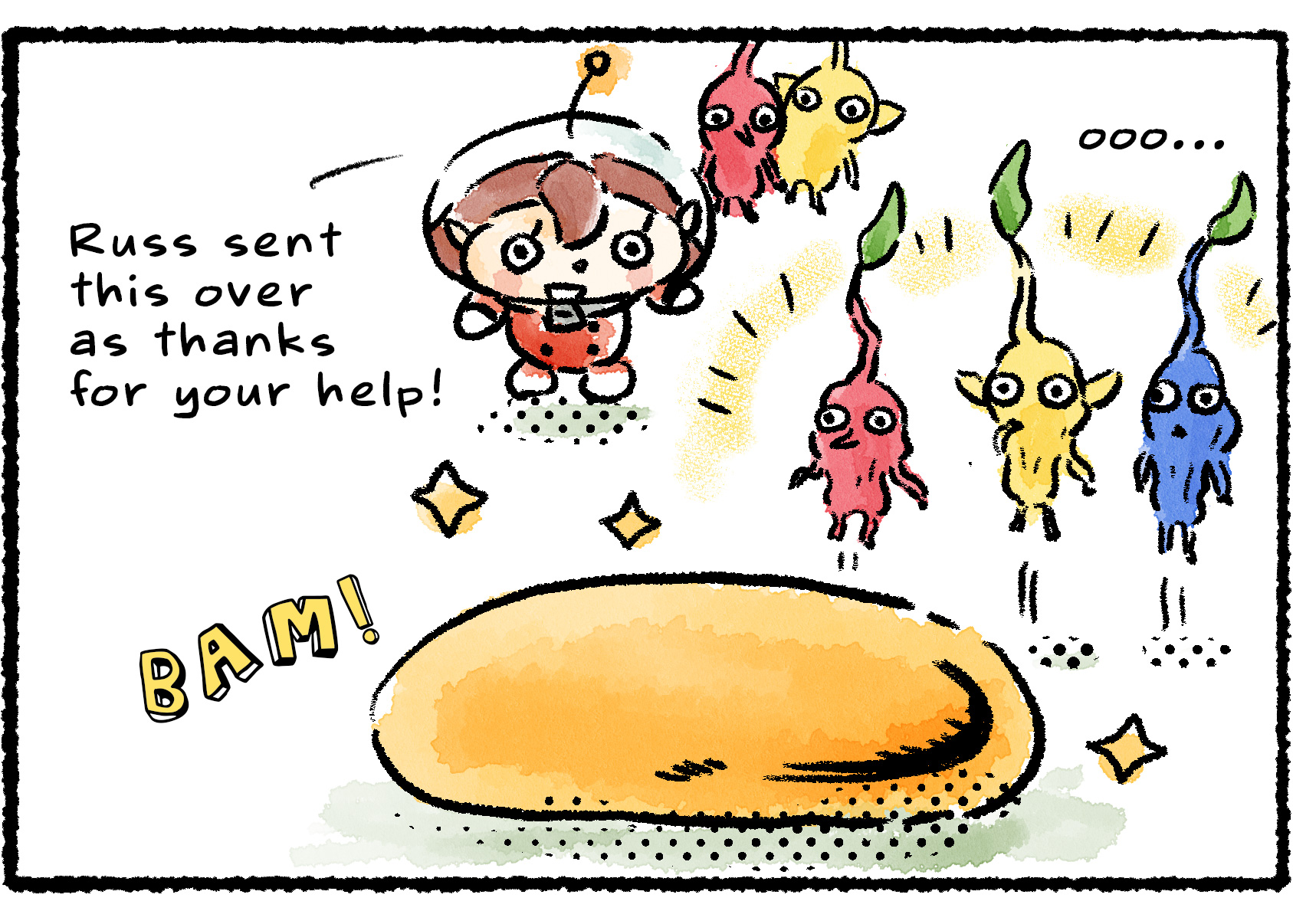 Panel three. The Rescue Officer and the flattened Pikmin stare at a giant drop of nectar. "Russ sent this over as thanks for your help!" she says.