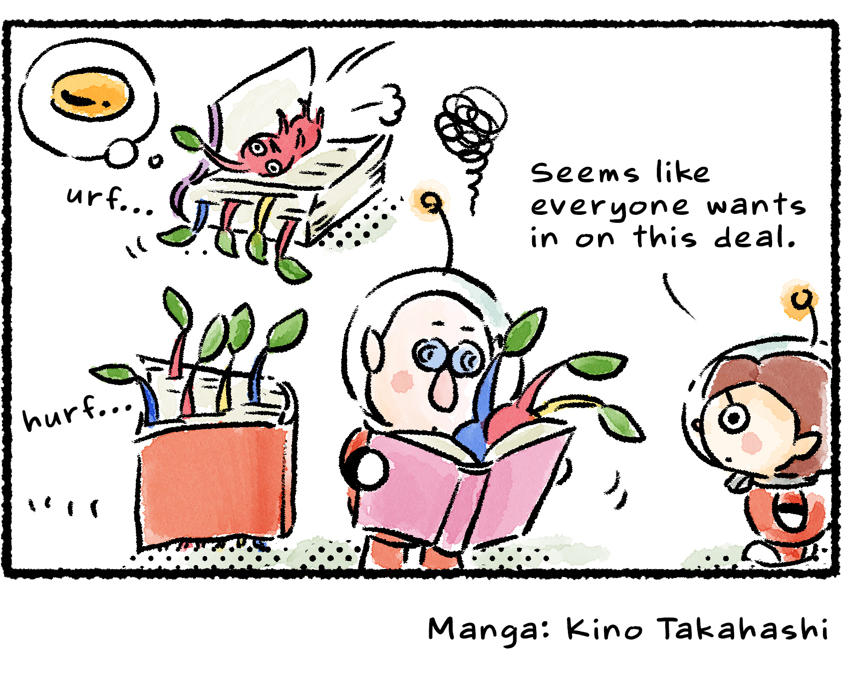 Panel four. Russ is back to reading, and his books are now stuffed with Pikmin bookmarks. "Seems like everyone wants in on this deal," the Rescue Officer says.