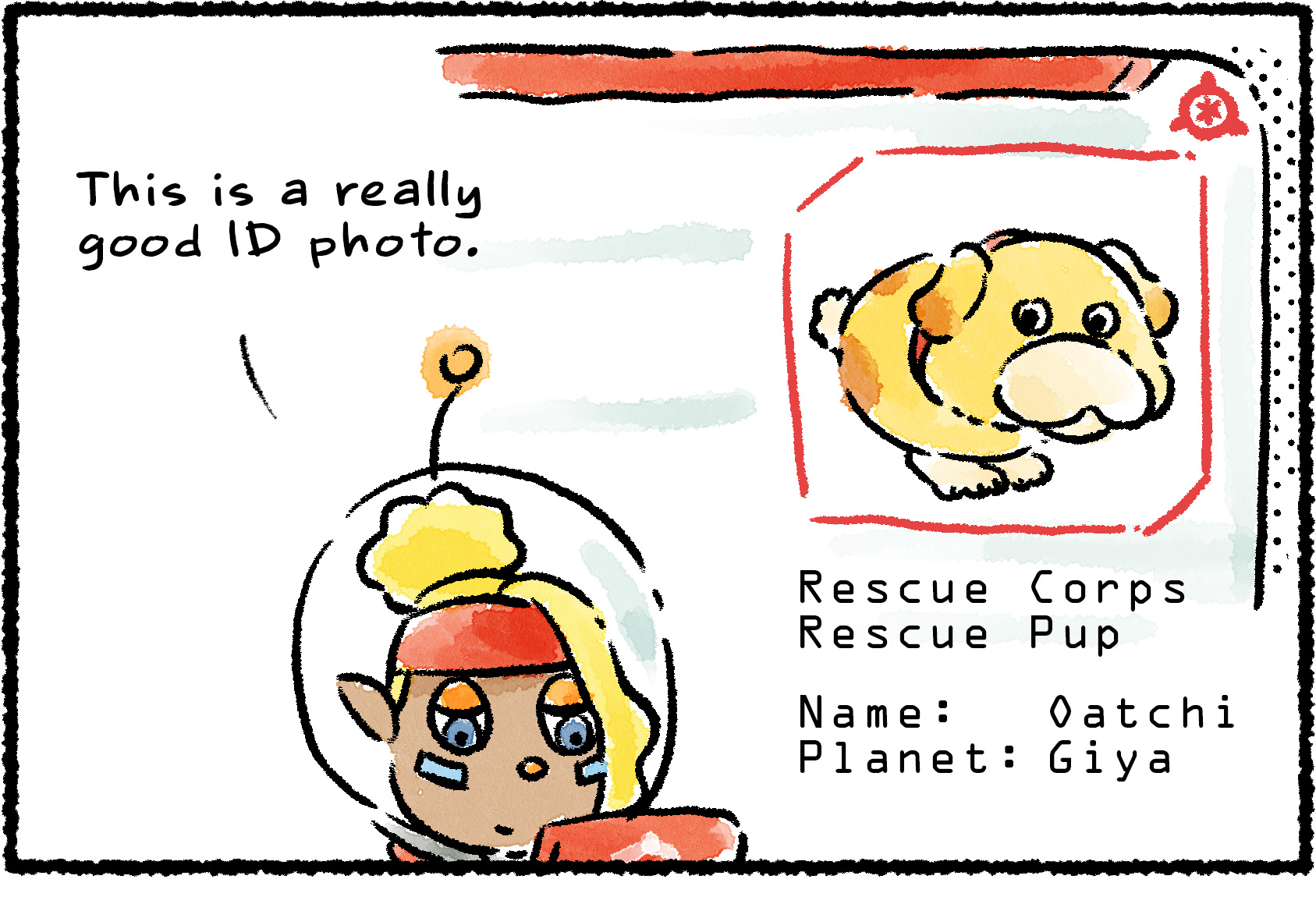 Panel one. Shepherd is looking at Oatchi's profile on a tablet. Profile reads: "Rescue Corps Rescue Pup. Name: Oatchi. Planet: Giya." Shepherd says, "This is a really good ID photo."