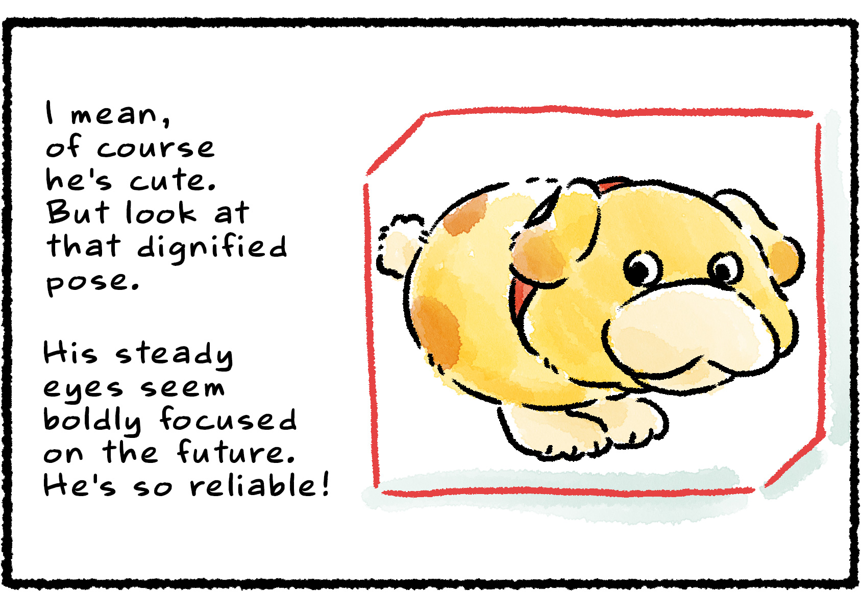 Panel two. The ID photo shows Oatchi standing in profile, looking at the camera. "I mean, of course he's cute," Shepherd says. "But look at that dignified pose. His steady eyes seem boldly focused on the future. He's so reliable!"