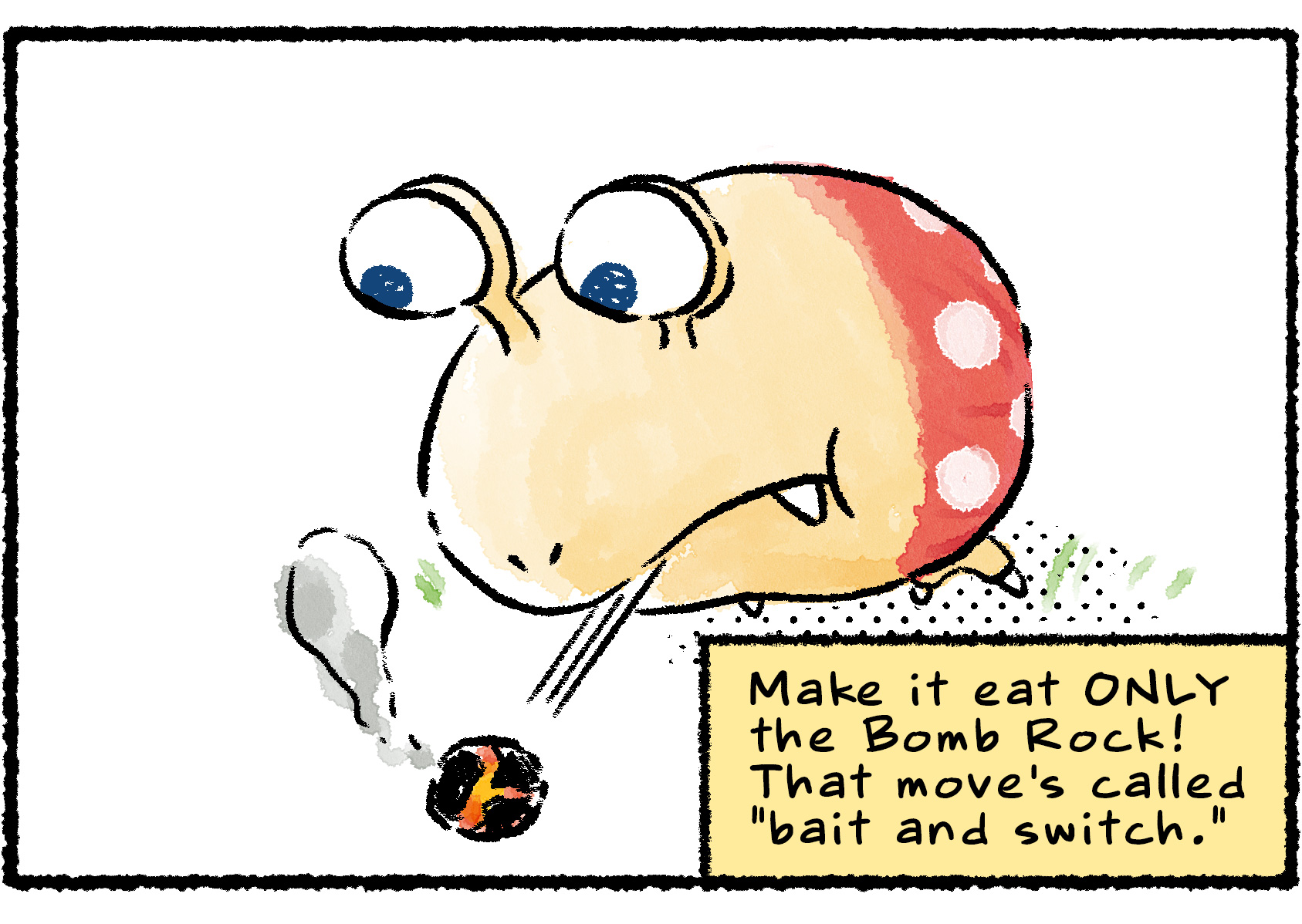 Panel two. The Bulborb gobbles up the Rescue Officer, leaving the Bomb Rock behind.