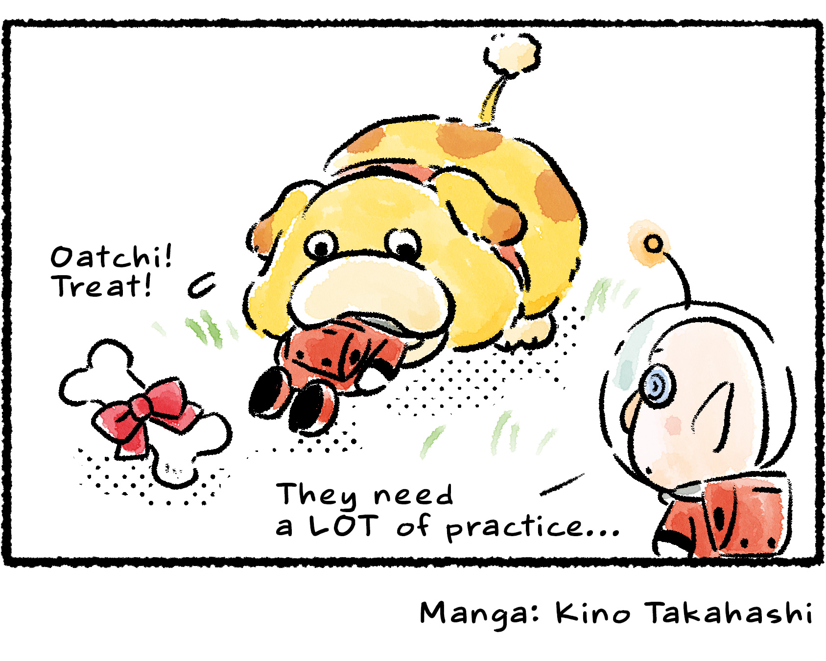 Panel four. The Rescue Officer tries to pull the bait and switch tactic on Oatchi using a Scrummy Bone. Oatchi leaves the bone and tries to swallow the Rescue Officer. Russ, watching from nearby, says, "They need a LOT of practice..."