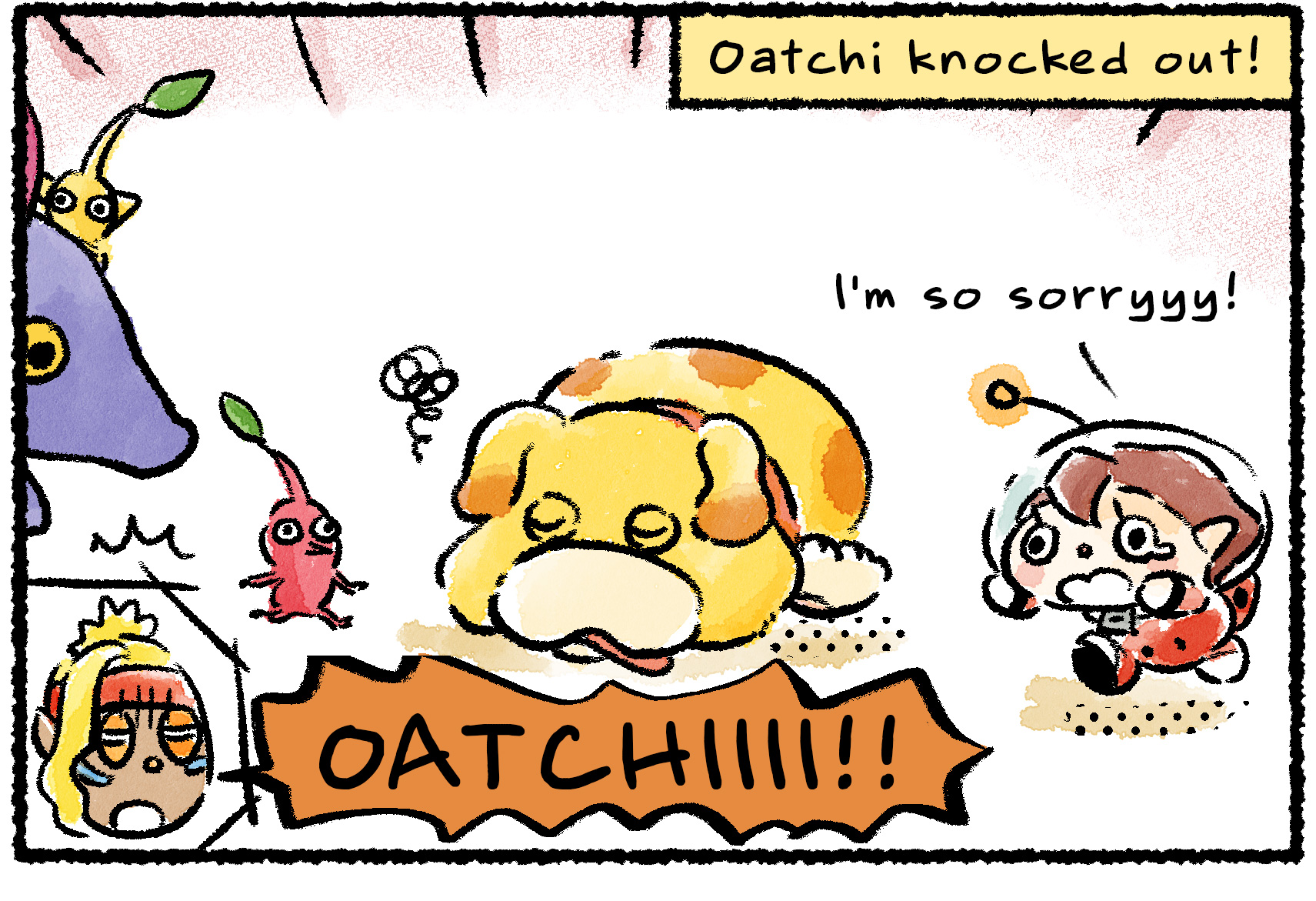 Panel one. Oatchi is on the ground, with narrator text that reads: "Oatchi knocked out!" Shepherd, inset, screams Oatchi's name. A Rescue Officer hurries over, crying, "I'm so sorryyy!"