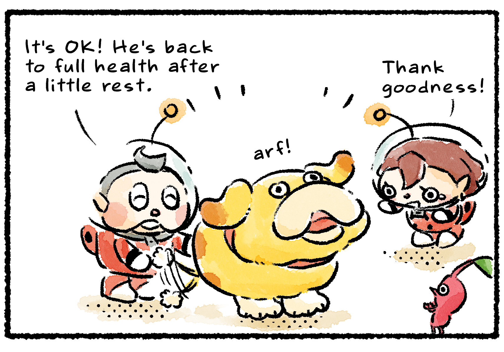 Panel two. "It's OK!" Collin says. "He's back to full health after a little rest." Oatchi is back on his feet, barking happily. "Thank goodness!" the Rescue Officer says.