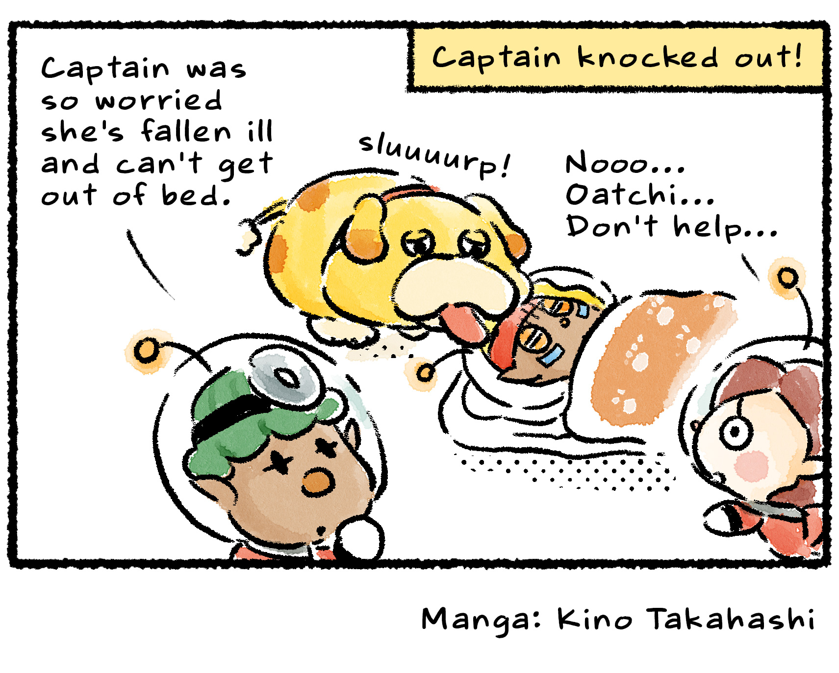 Panel four. Shepherd is on the ground, with narrator text that reads: "Captain knocked out!" Yonny says, "Captain was so worried she's fallen ill and can't get out of bed." Oatchi licks her face. Shepherd murmurs, "Nooo... Oatchi... Don't help..."