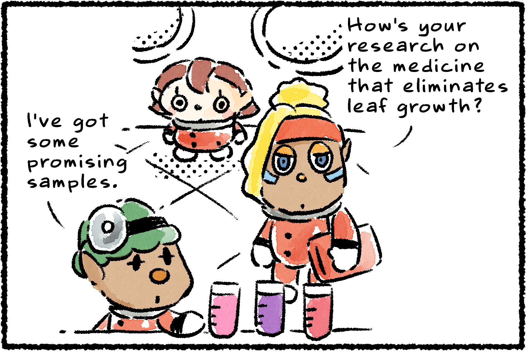 Panel one. "How's your research on the medicine that eliminates leaf growth?" Shepherd asks Yonny. "I've got some promising samples," Yonny says, gesturing to a row of beakers containing colorful liquids.
