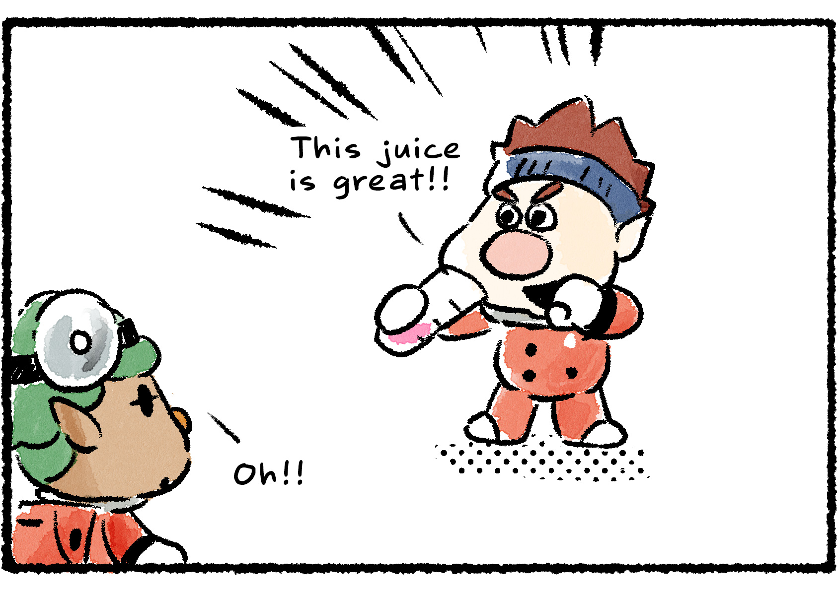 Panel two. Dingo is drinking one of Yonny's samples. "This juice is great!!" he says. Yonny says "Oh!!" and watches him curiously.