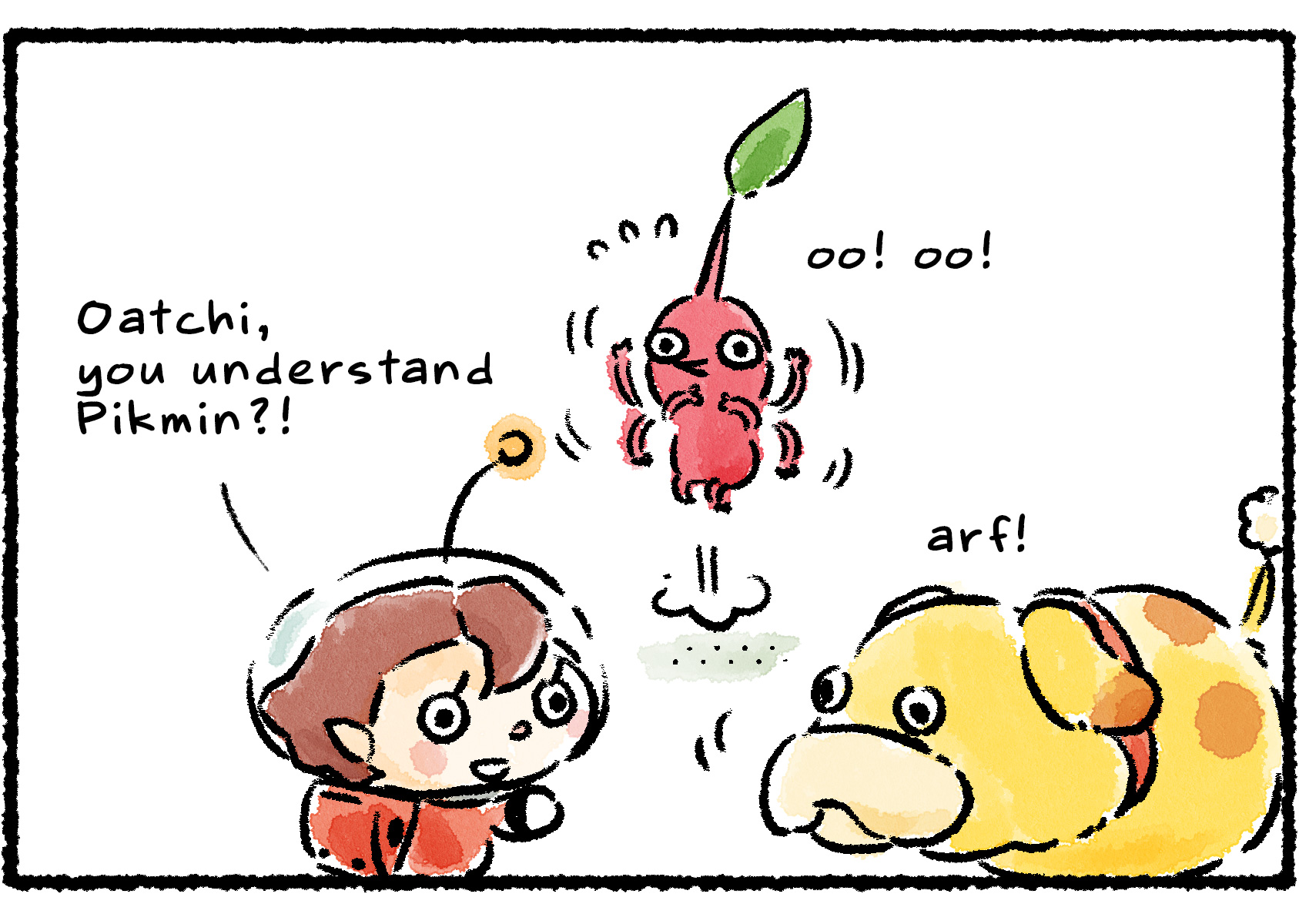 Panel two. With the Red Pikmin jumping up and down in the background, Oatchi rushes over with an excited bark. "Oatchi," the Rescue Officer says, "you understand Pikmin?!"